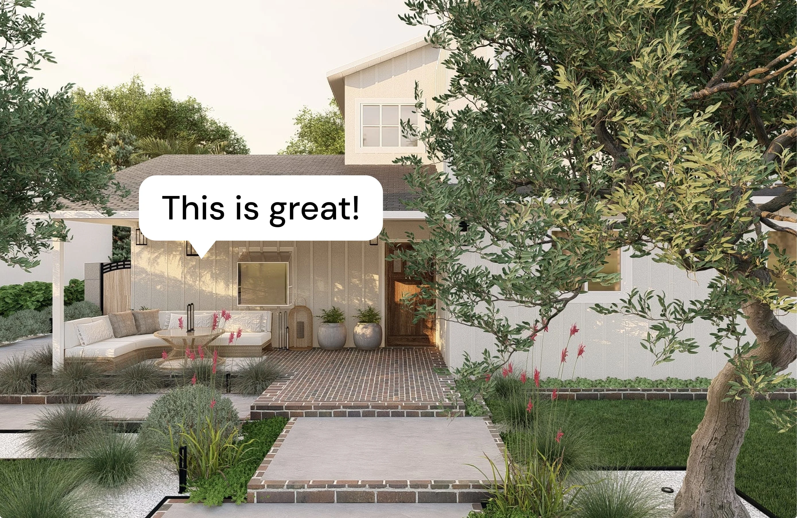 3D render of landscaped patio with modern seating and a speech bubble that says “This is great!”.