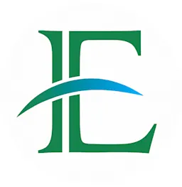 Logo for E Landscaping LLC with a large green letter “E” intersected by a blue curved line resembling a leaf or horizon.