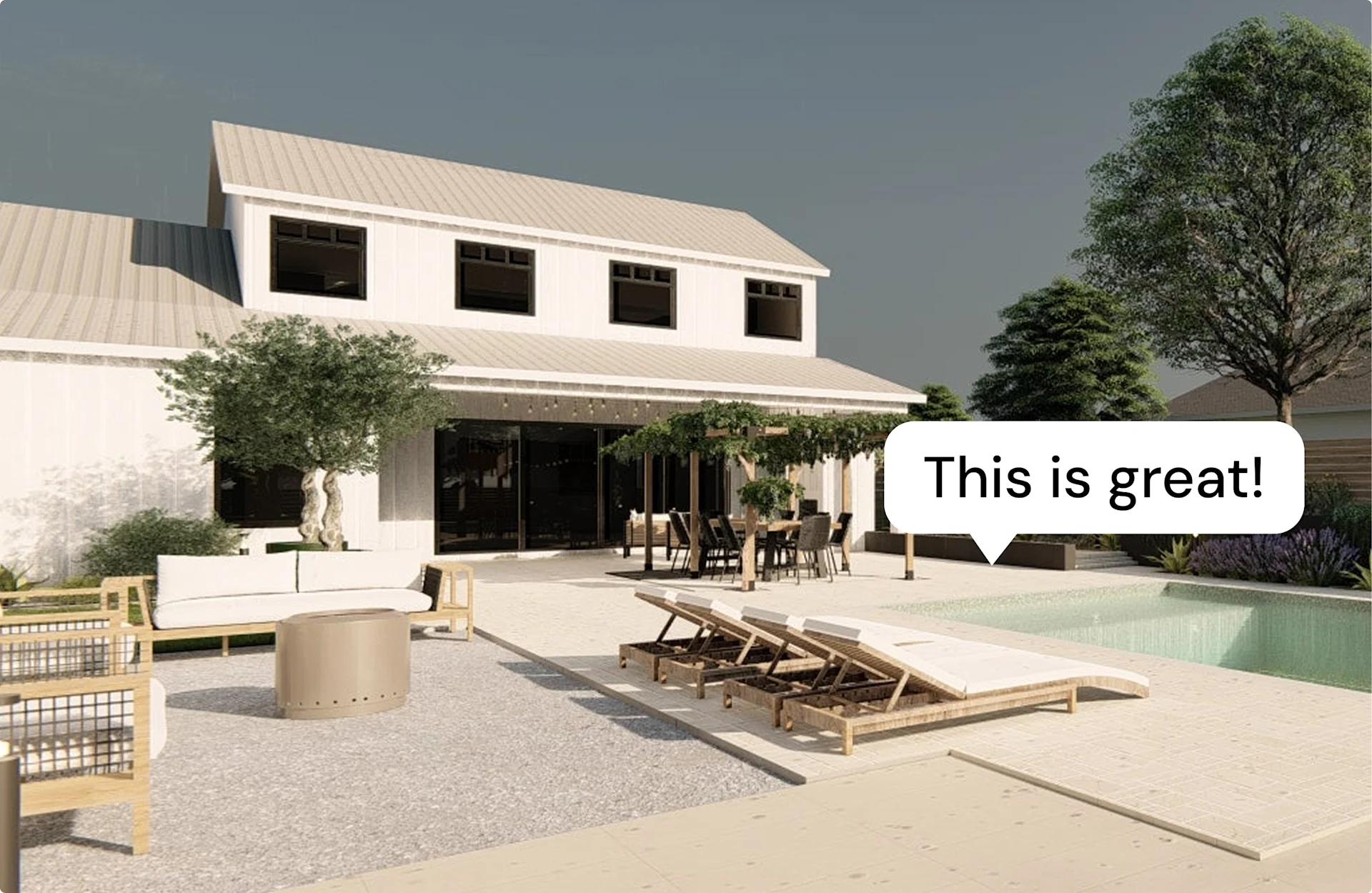Backyard of a modern farmhouse with a pool, lounge seating, and a speech bubble saying “This is great!”.