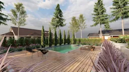 Backyard with a wooden deck, modern swimming pool, and lounge seating surrounded by tall evergreens.