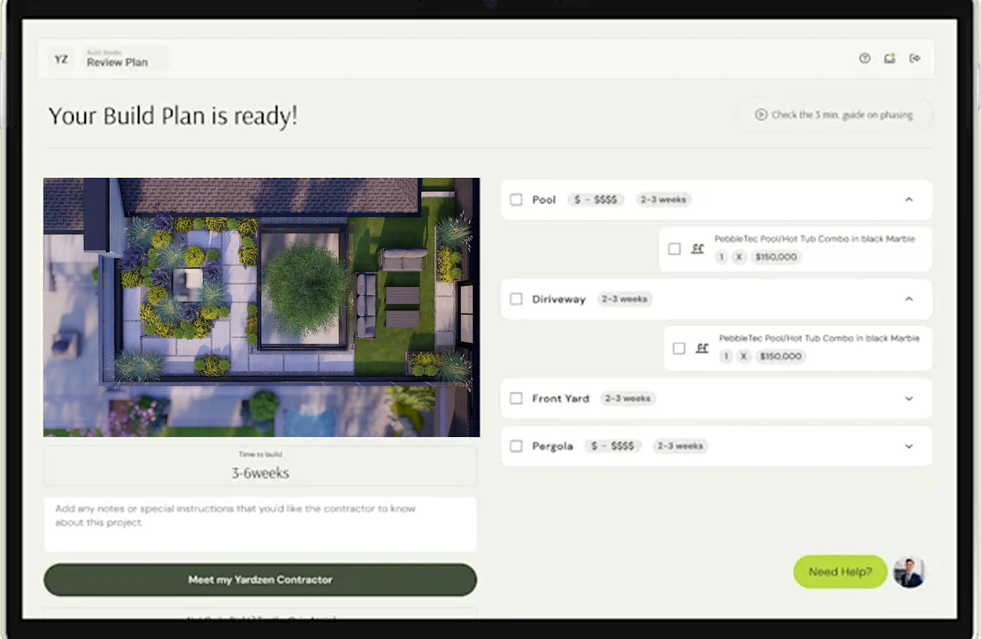 Digital interface showing a completed build plan with aerial renderings, materials list, and project summary.