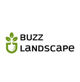 Logo of Buzz Landscape with black text and a green plant sprout inside a shield-shaped icon.