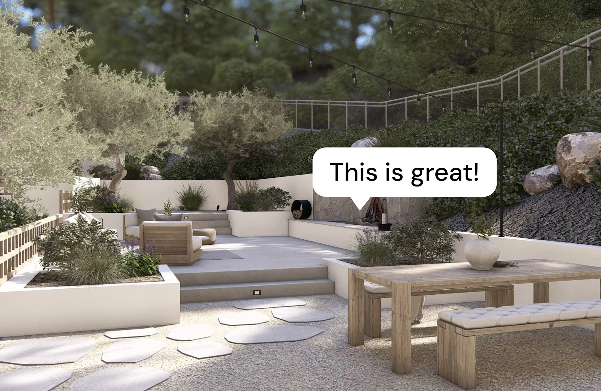 Modern outdoor patio with wooden dining table and cushioned benches, built-in seating area with lounge chairs, stone fireplace feature, and string lights overhead surrounded by lush greenery.
