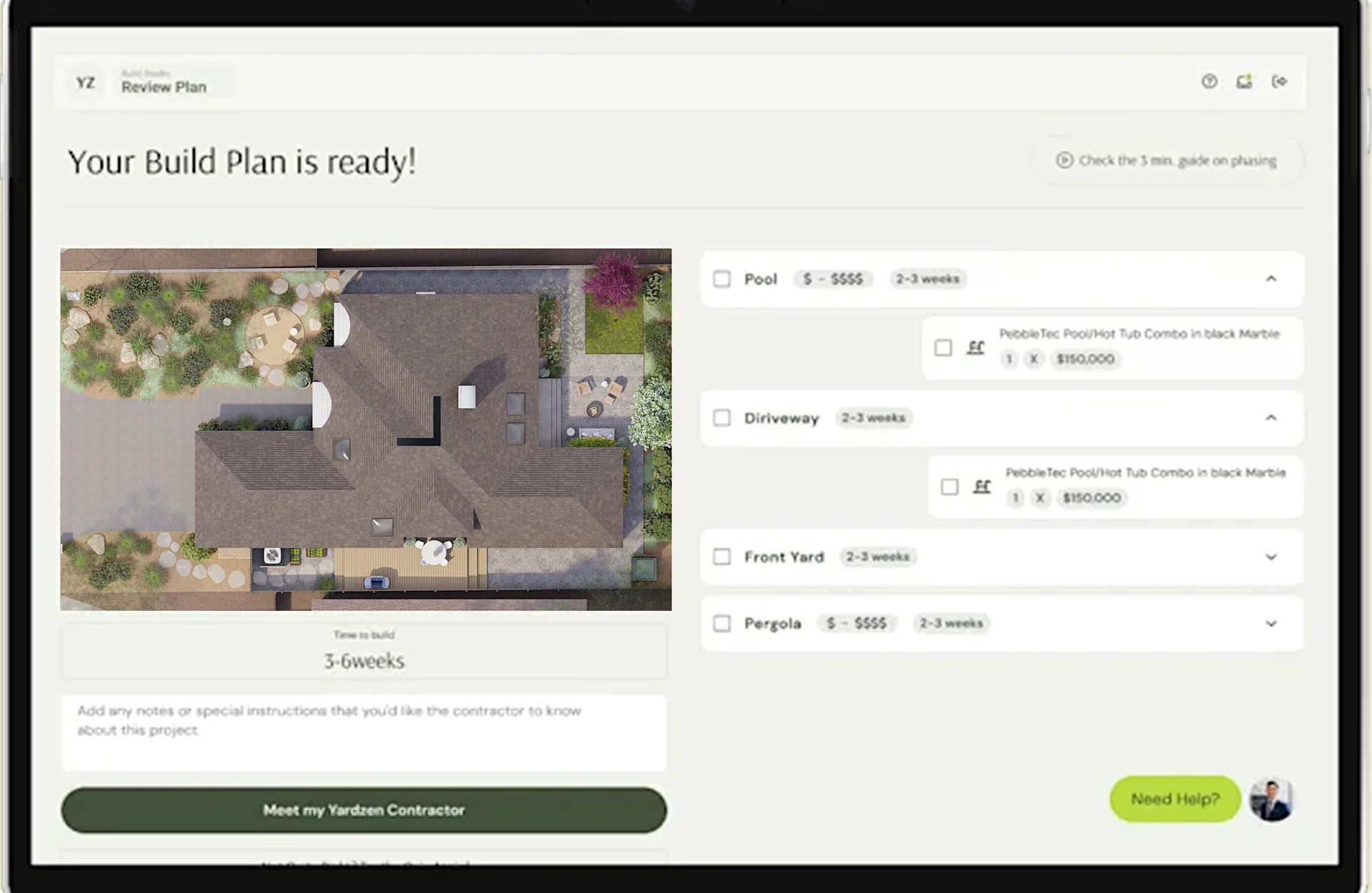 Digital interface showing a completed build plan with aerial backyard view and cost breakdown.