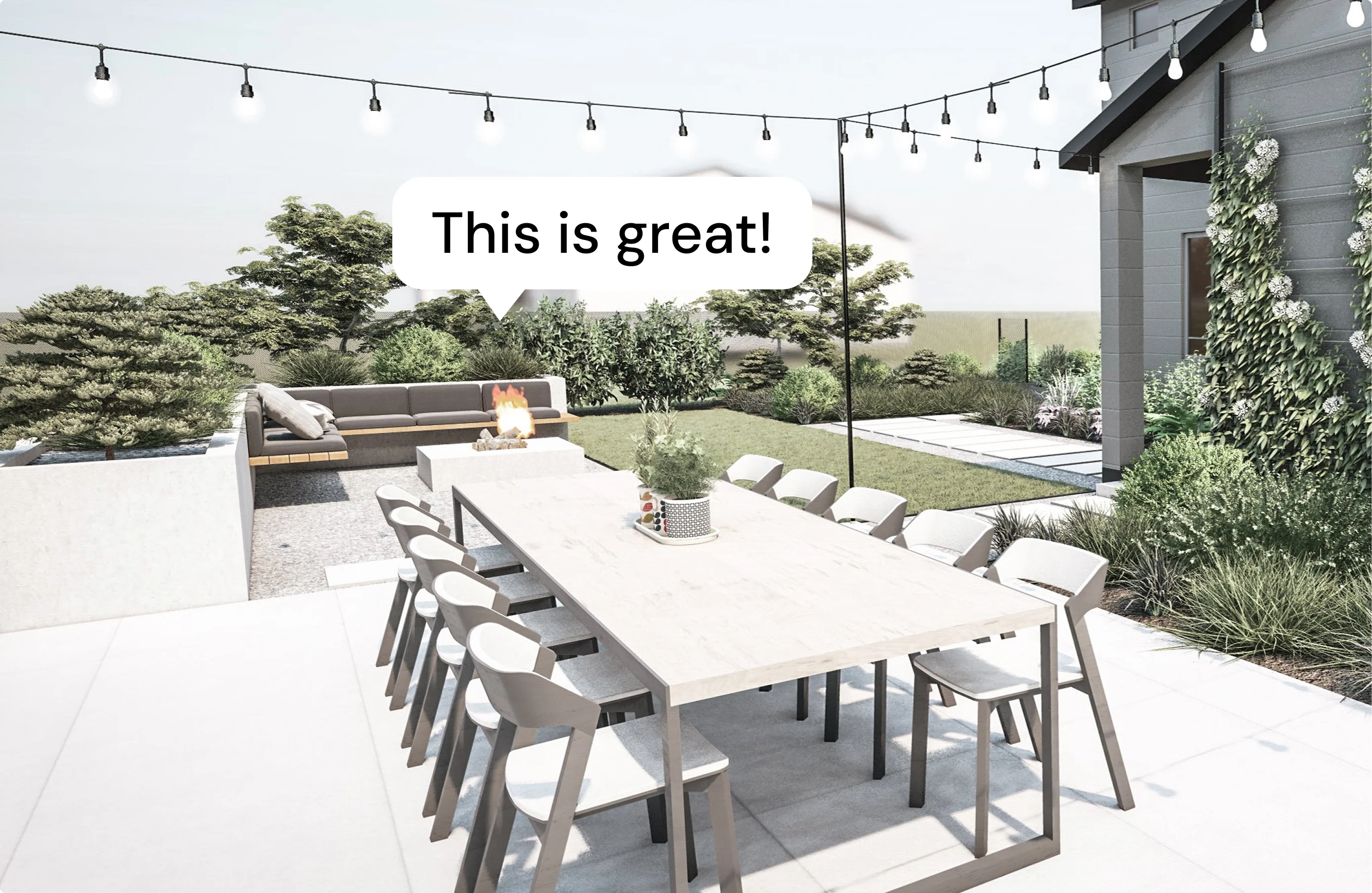 3D render of modern backyard with long outdoor dining table under string lights, featuring a speech bubble that says “This is great!”.