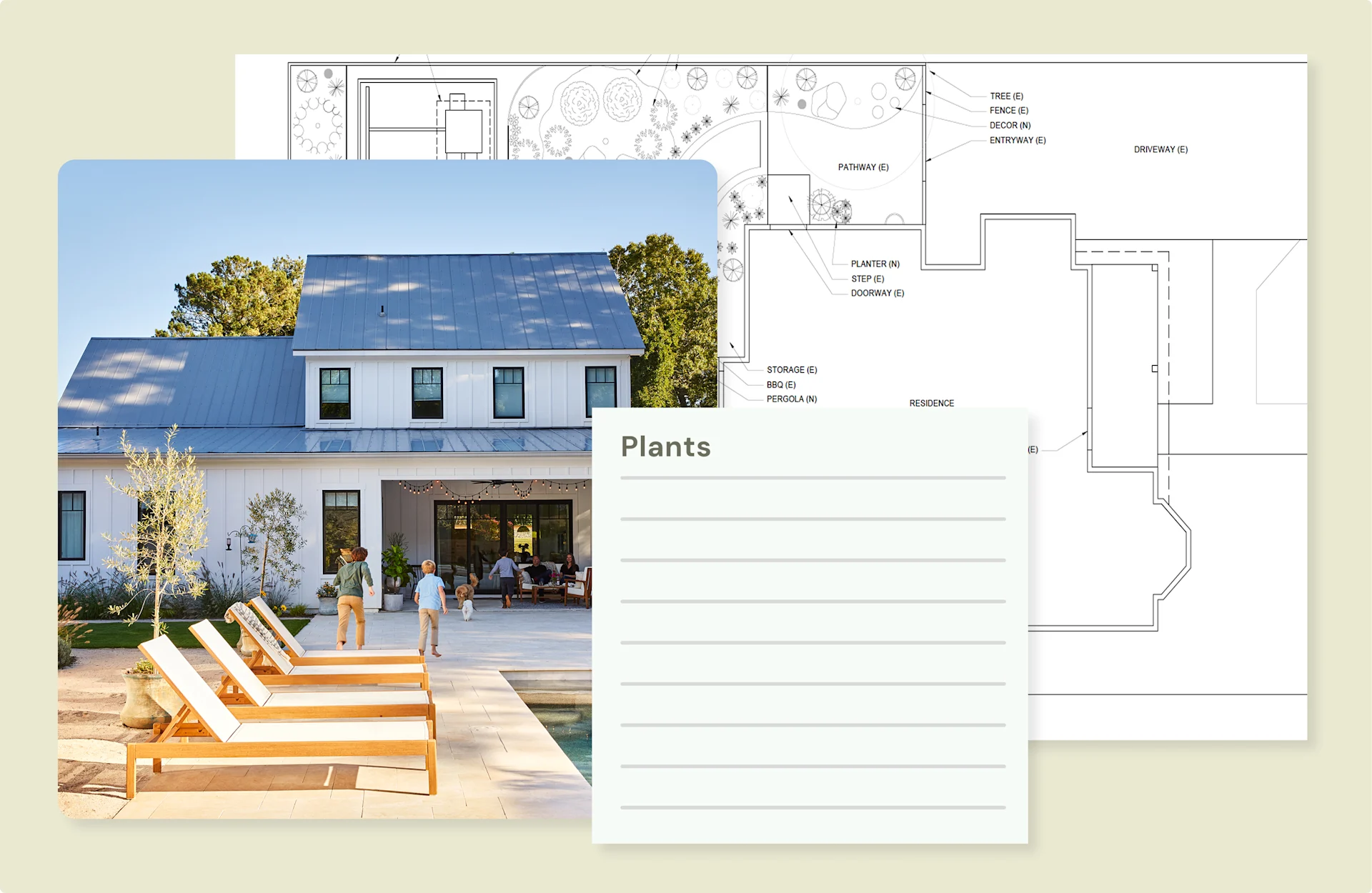 Overlay of architectural design plans with a photo of a modern farmhouse and poolside lounge chairs, alongside a plant notes card.