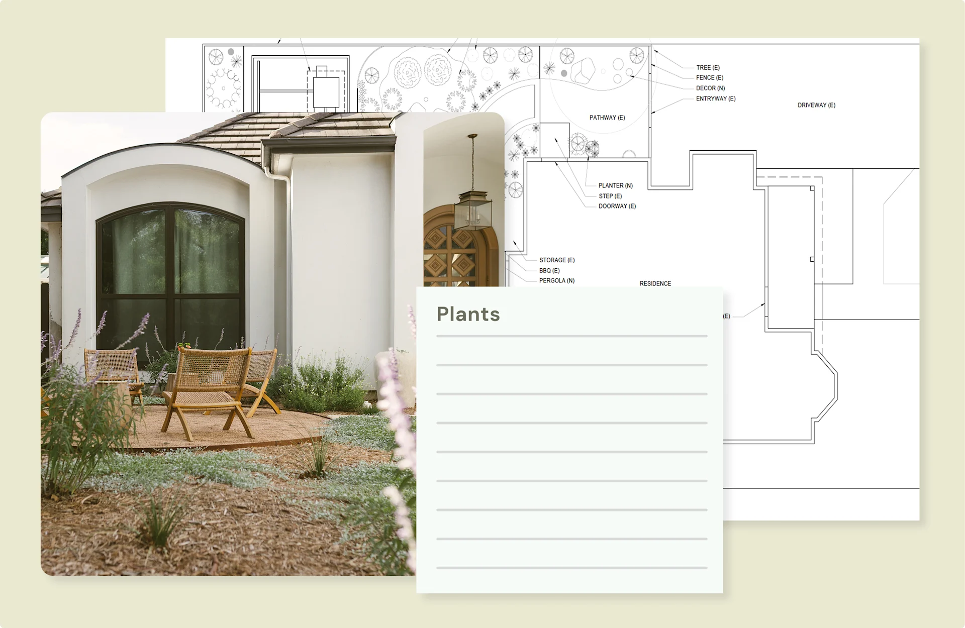 Garden design plans and plant list illustration overlaid on exterior patio with wooden chairs.