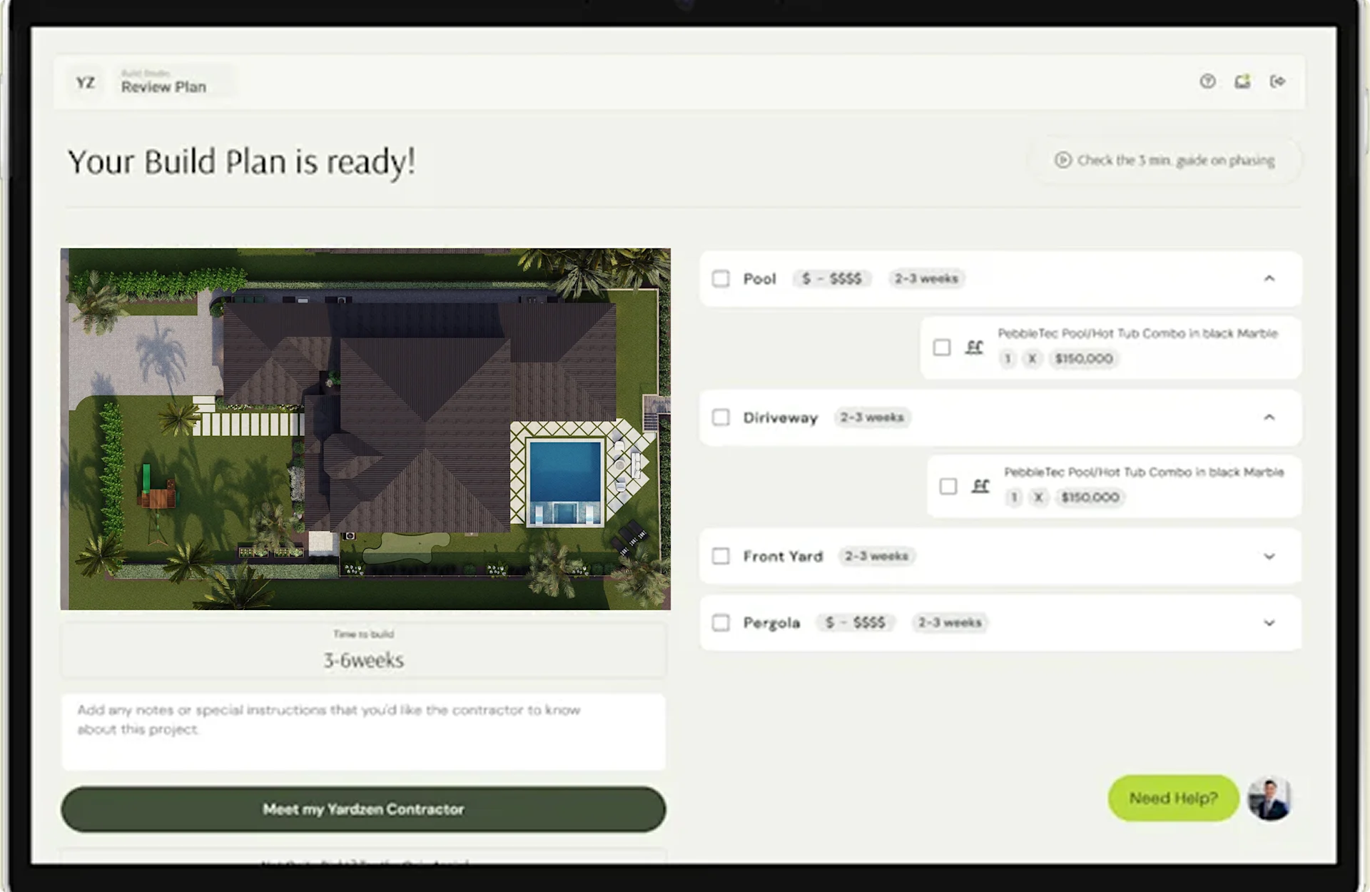 Digital interface showing a completed build plan with top-view renderings, material options, and project details.