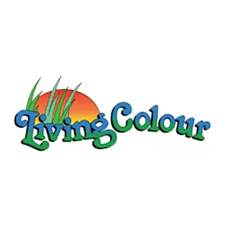 Logo of Living Colour with colorful text, orange sun, and green grass blades.