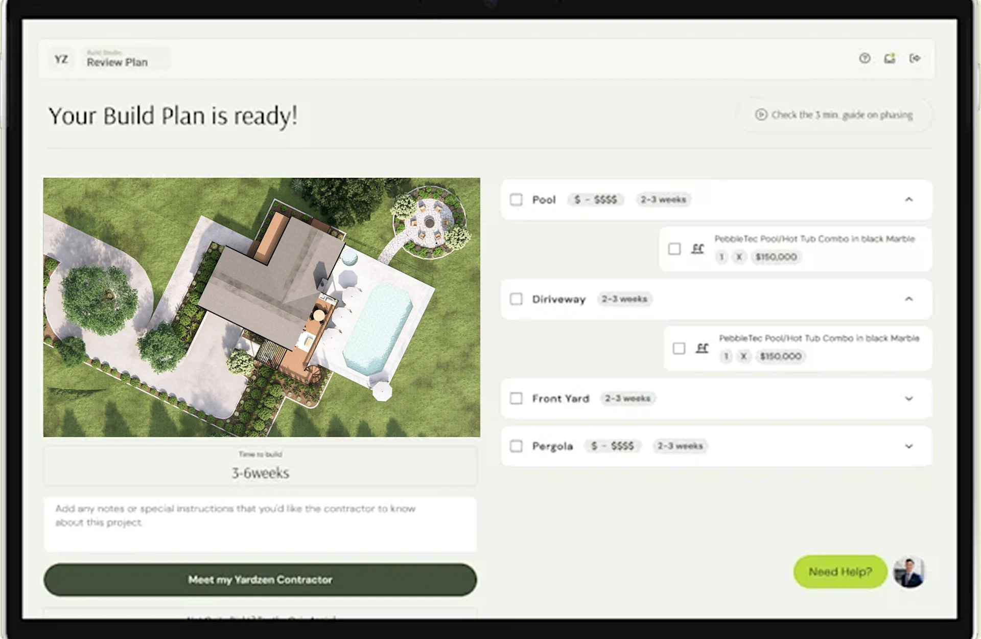 Digital interface showing a completed build plan with aerial renderings, feature list, and project summary.