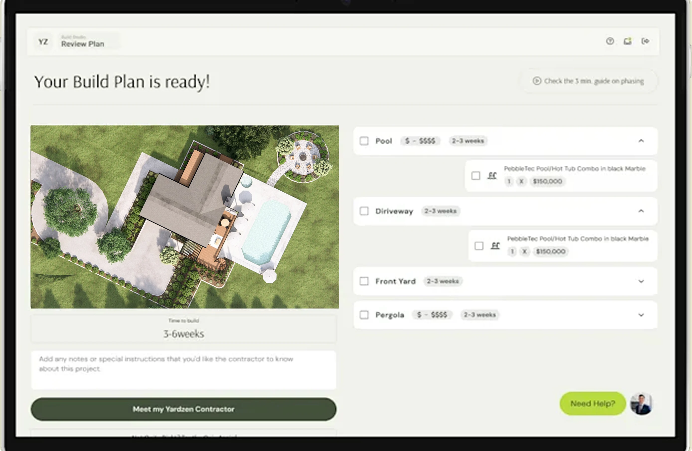 Digital interface showing a completed build plan with aerial renderings, feature list, and project summary.