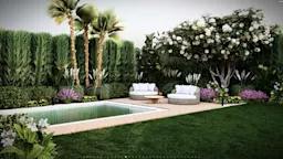 Tropical backyard with a small rectangular pool, palm trees, and manicured garden landscaping.