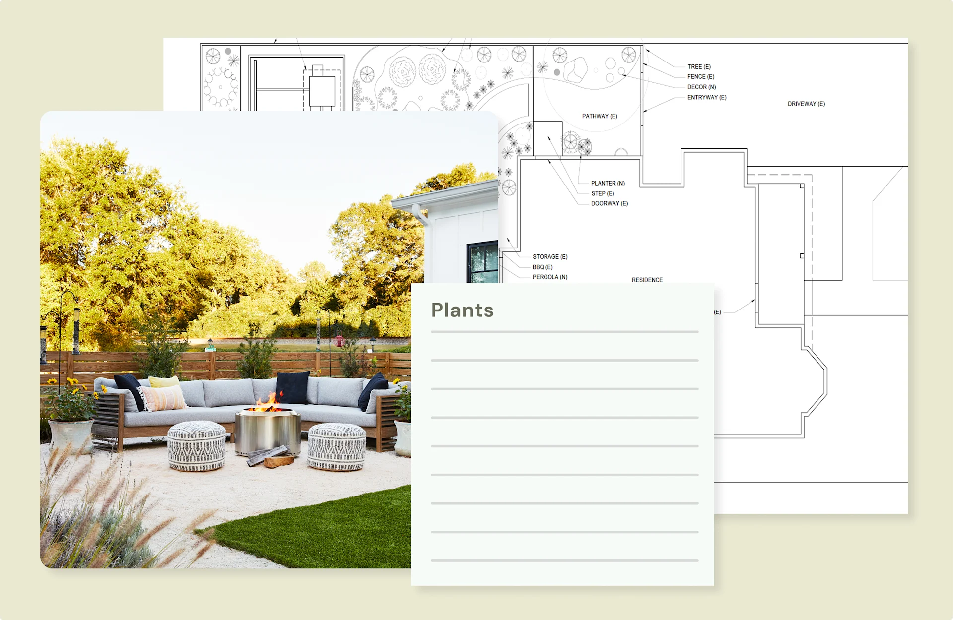 Garden design plans and plant list illustration overlaid on backyard with outdoor seating and firepit.