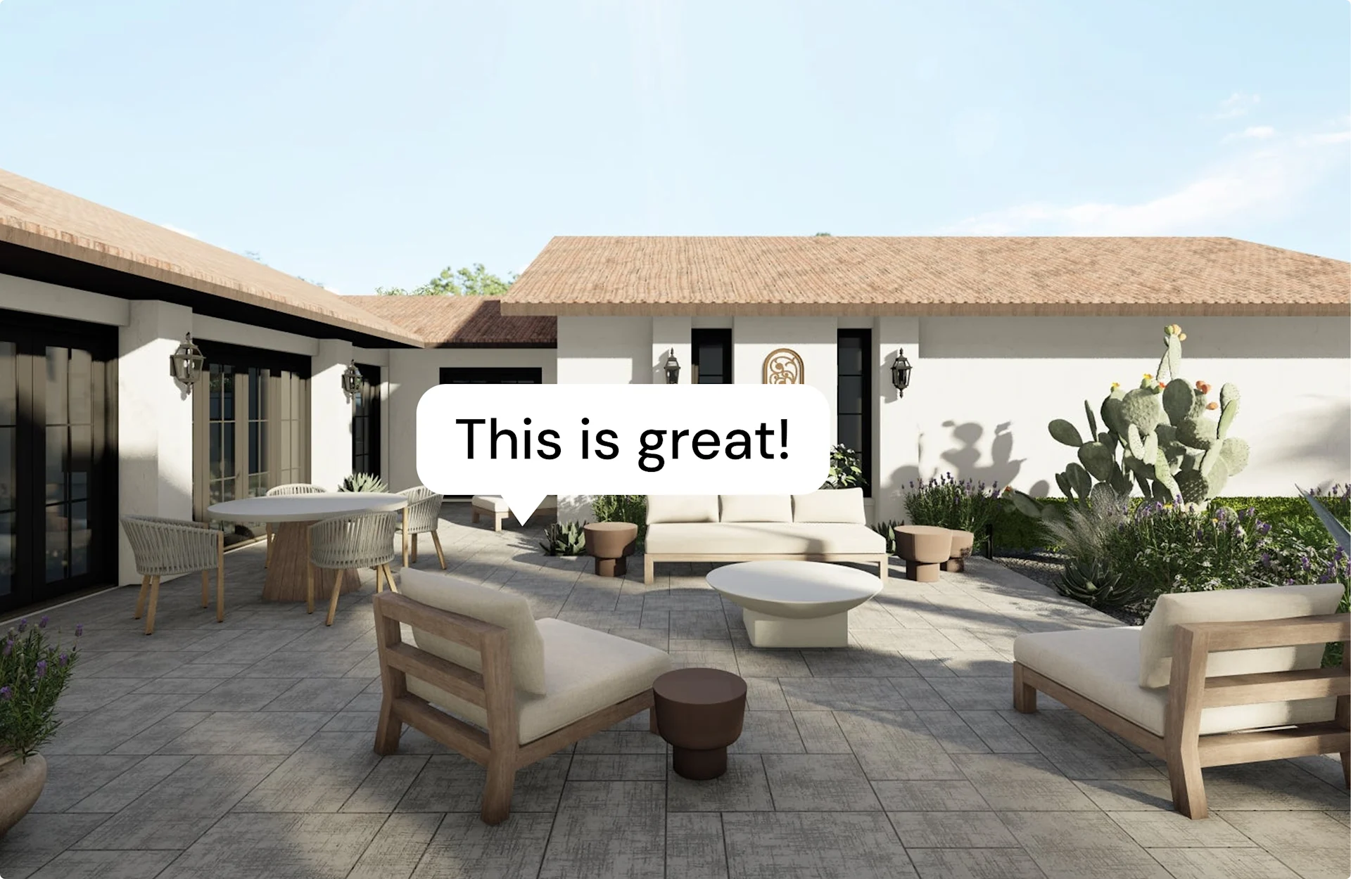 3D render of a modern patio with light-colored lounge furniture, featuring a speech bubble that says “This is great!”.