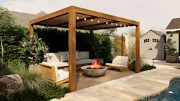 Outdoor lounge with wooden pergola, sofas, and round firepit in landscaped backyard.