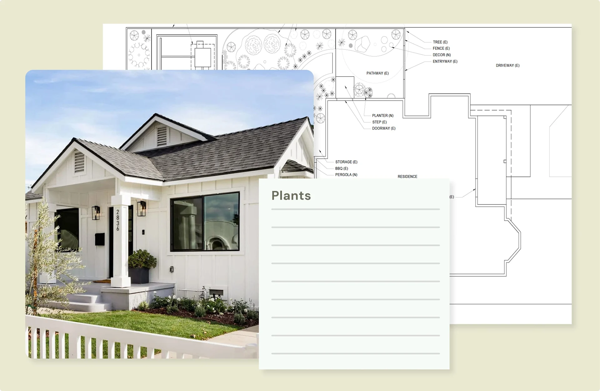 Home design plans and plant list illustration overlaid on an exterior photo of a white house with picket fence.
