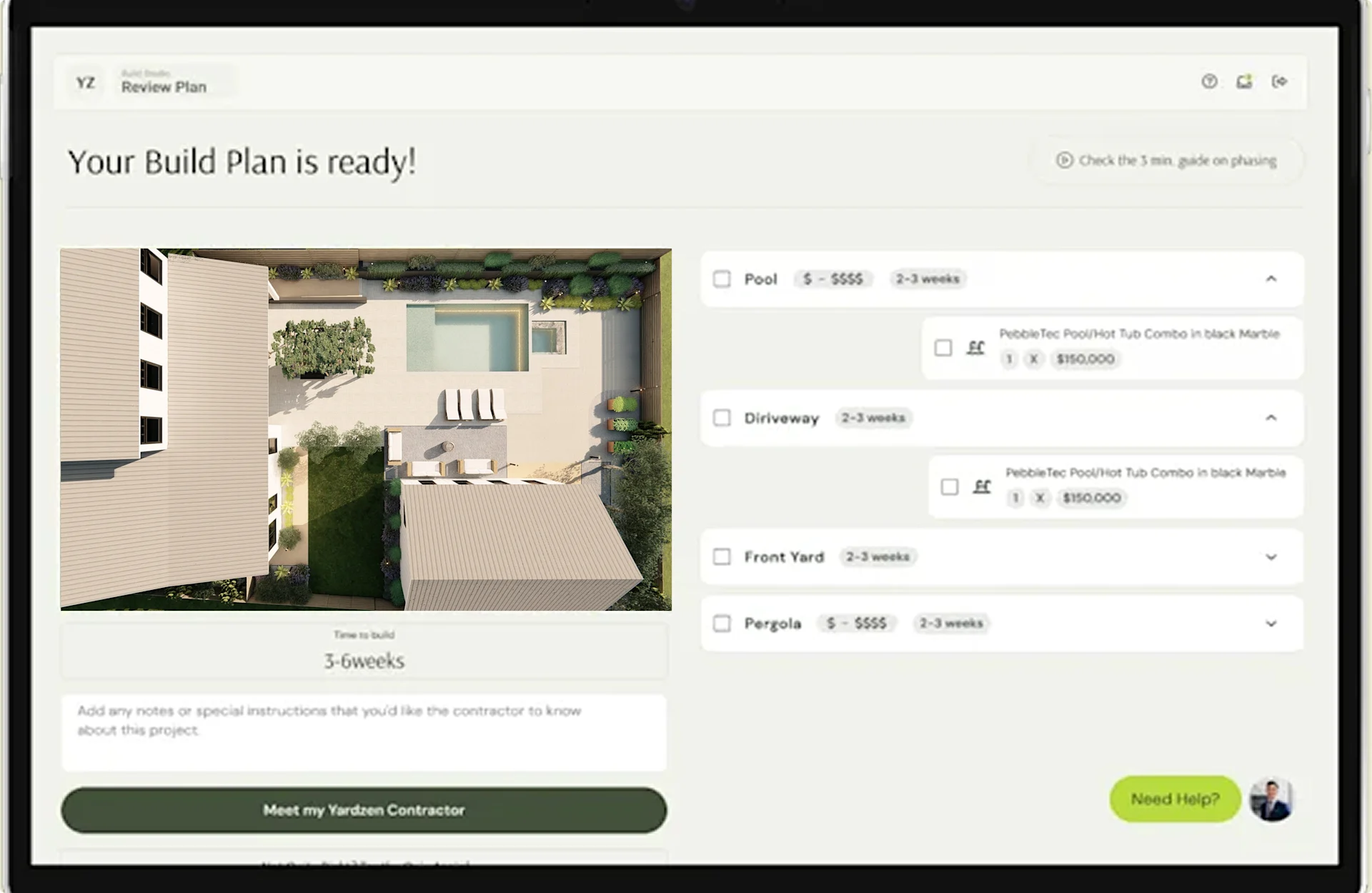 Digital interface showing a completed build plan with aerial backyard view and cost breakdown.