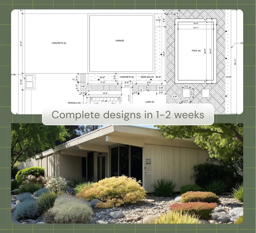 Landscape design plans with text ‘Complete designs in 1–2 weeks’ and an exterior image of a modern home with greenery.