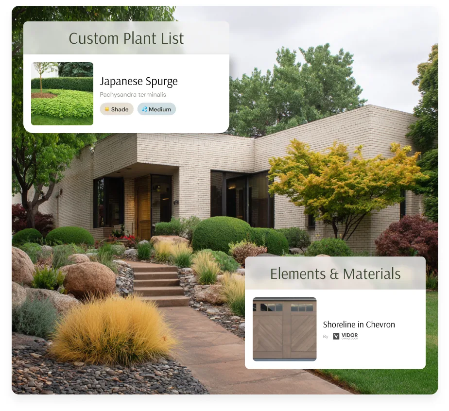 Custom plant list interface with highlighted plant selection and material options, shown alongside a landscaped modern home.”