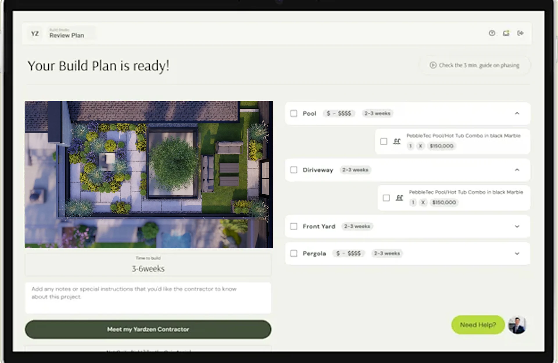 Digital interface showing a completed build plan with aerial backyard view and cost breakdown.