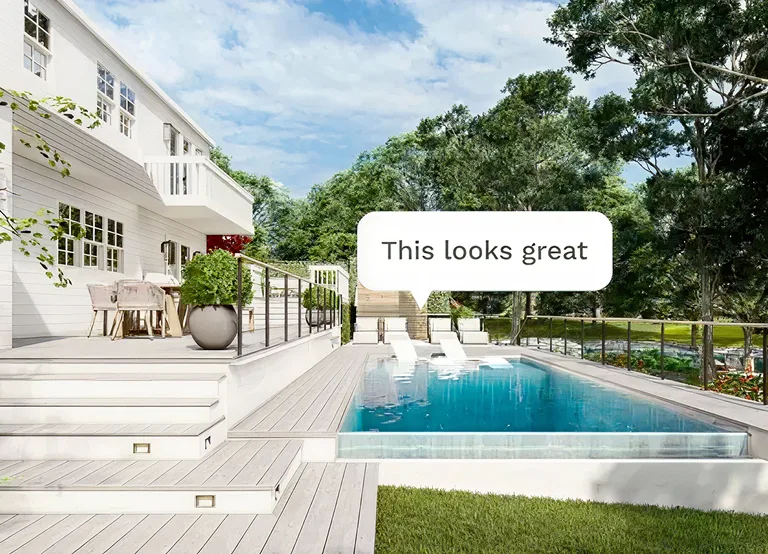 Backyard pool and patio with ‘This looks great’ comment bubble.