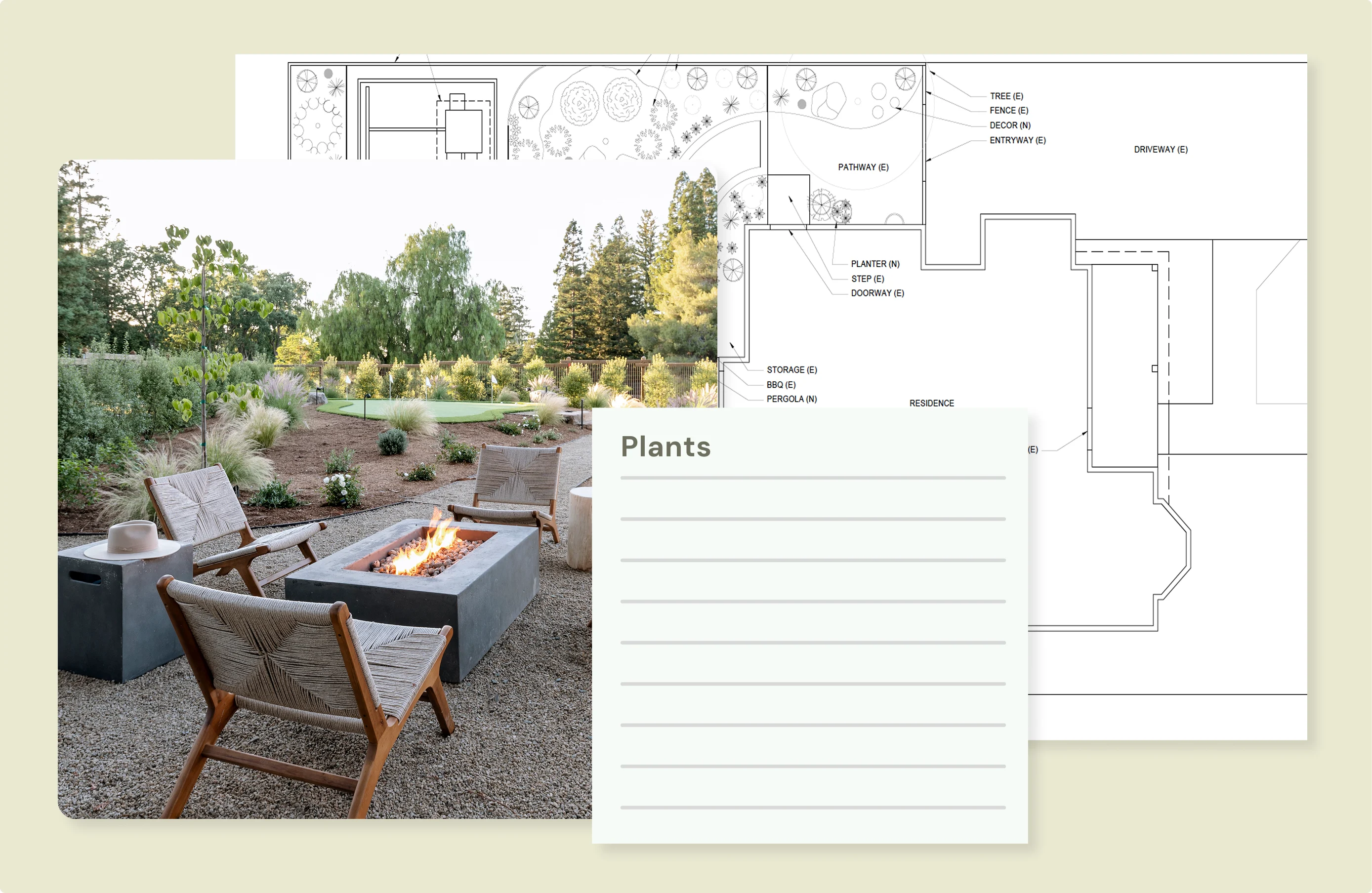 Overlay of garden design plans with a raised planter box filled with plants in front.