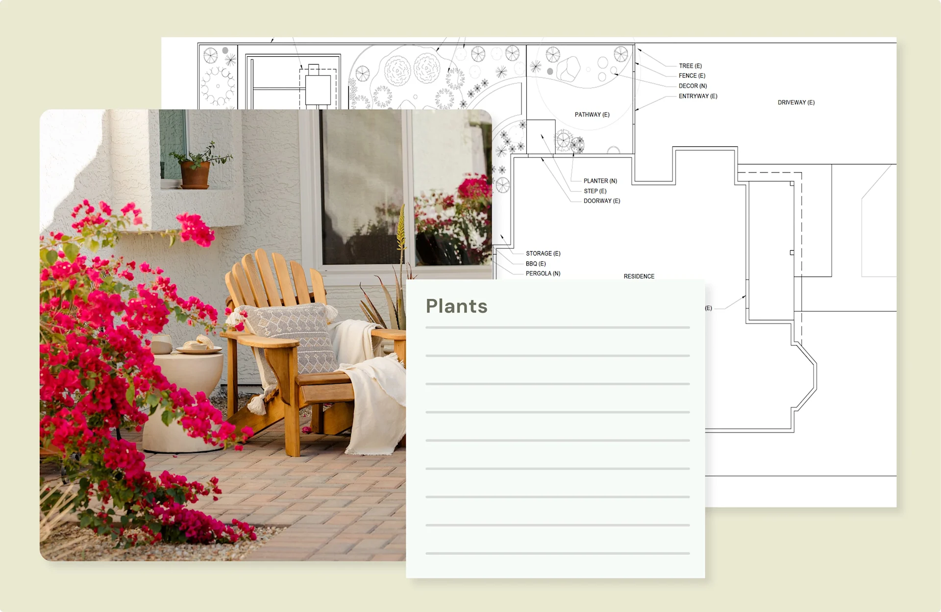 Garden design plans and plant list illustration beside a patio with wooden chairs and blooming bougainvillea.