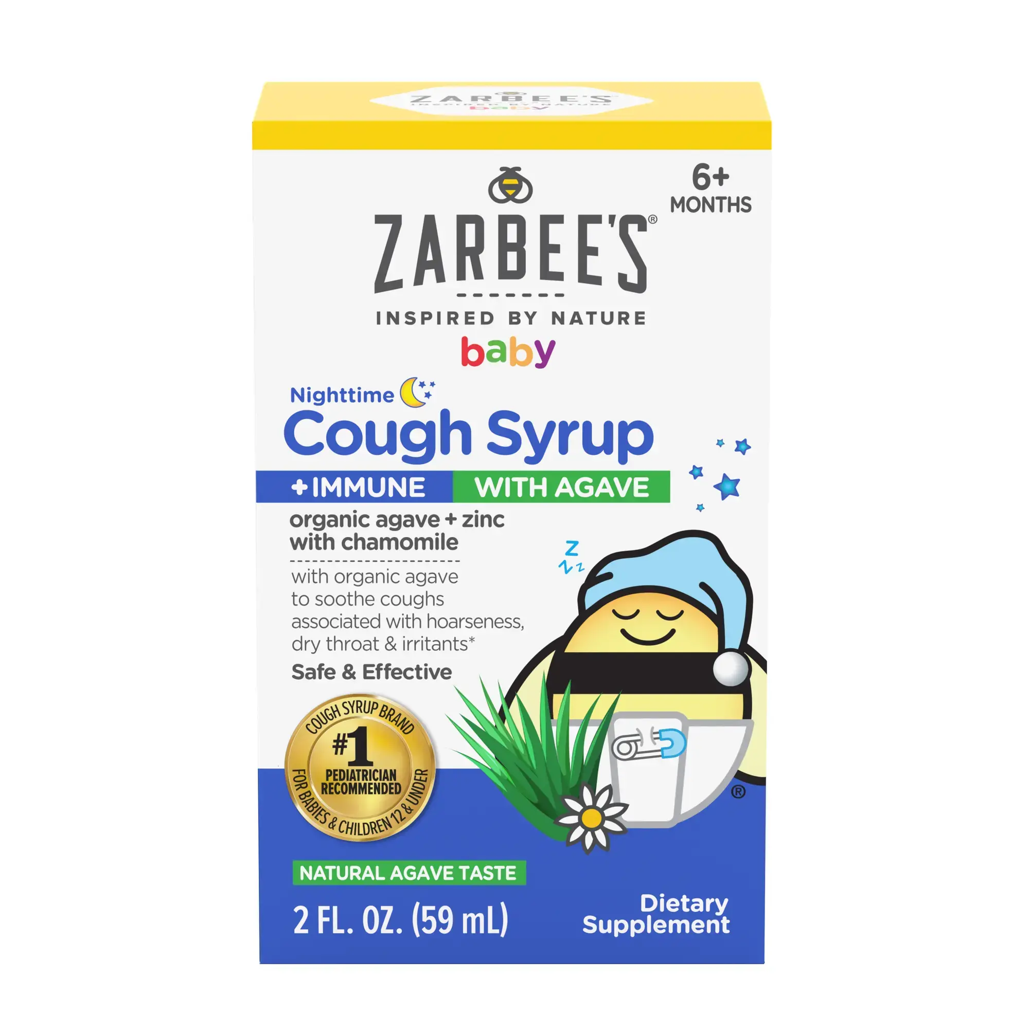 A rendering of the packaging for Zarbee's Baby Nighttime Cough Syrup + Immune with Organic Agave