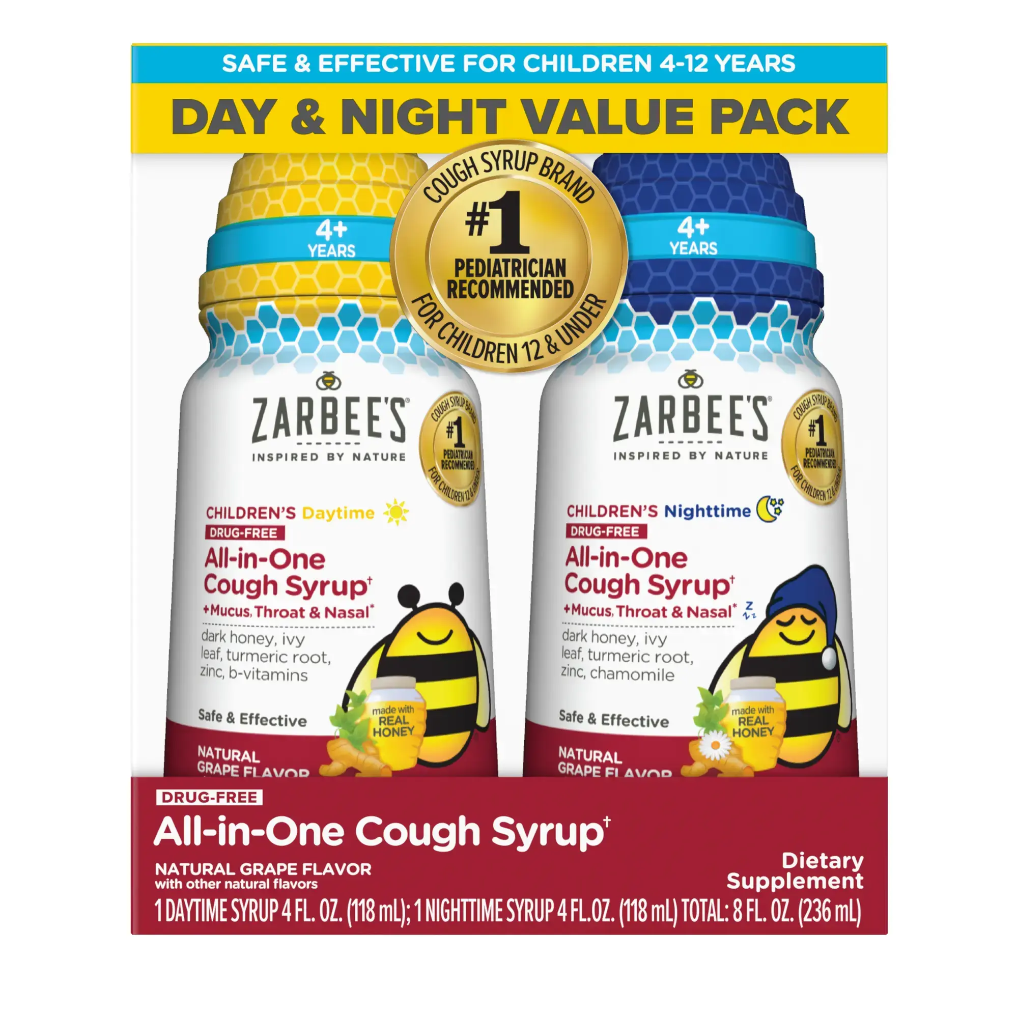 Front packaging of Zarbee’s® Kid's Cough All-In-One Day/Night