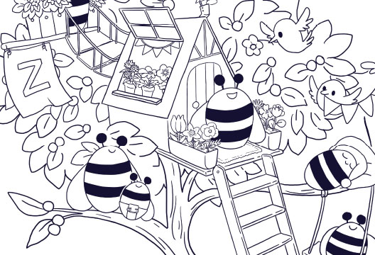  Black & white cartoon of bees & birds to be used as a coloring activity for toddlers & kids