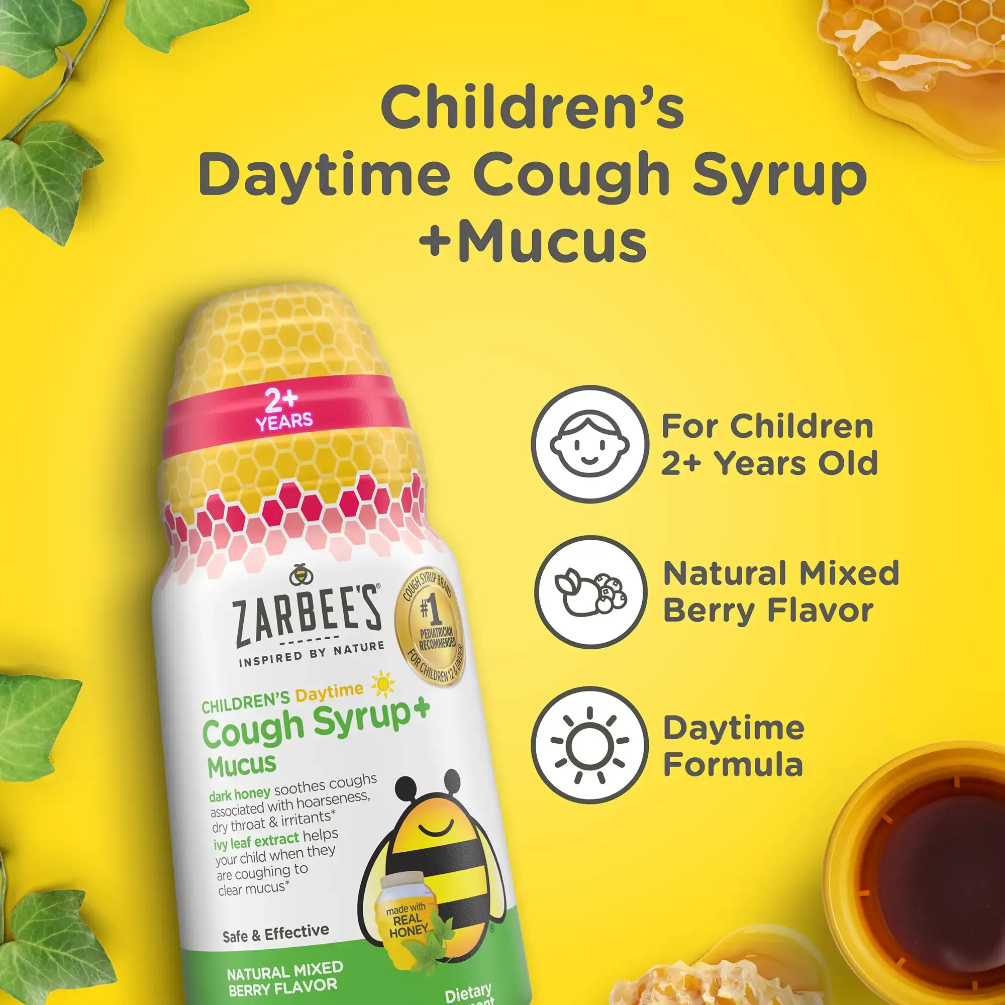 Zarbee’s® Kid's Cough + Mucus Day has a natural mixed berry flavor