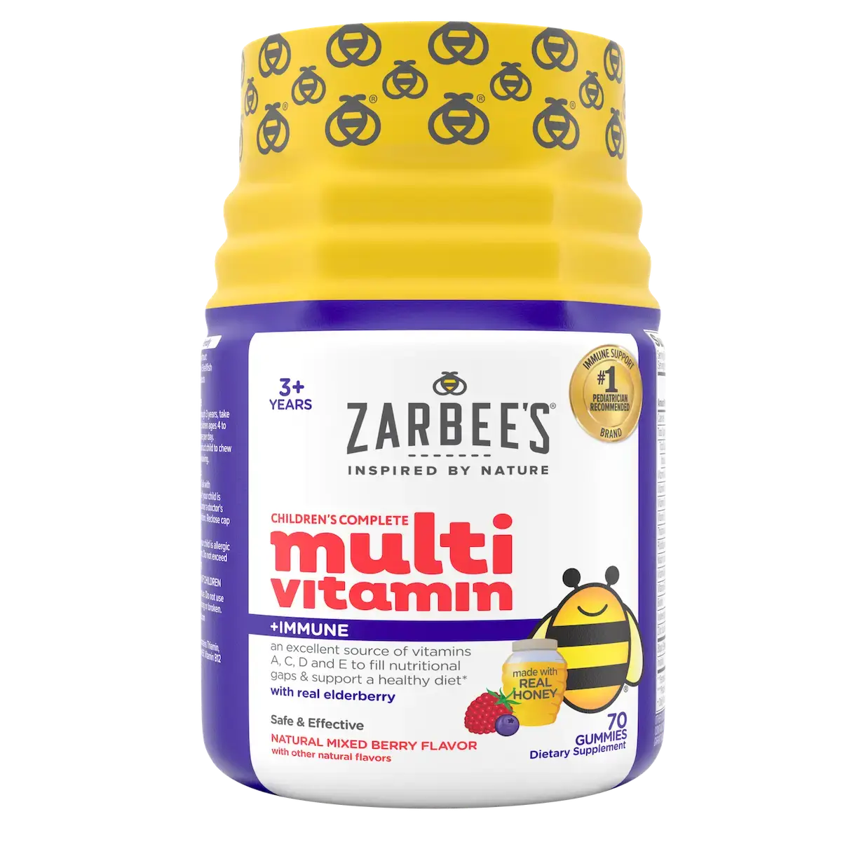 Front packaging of Zarbee’s® Children’s Complete Multivitamin + Immune in natural mixed berry flavor