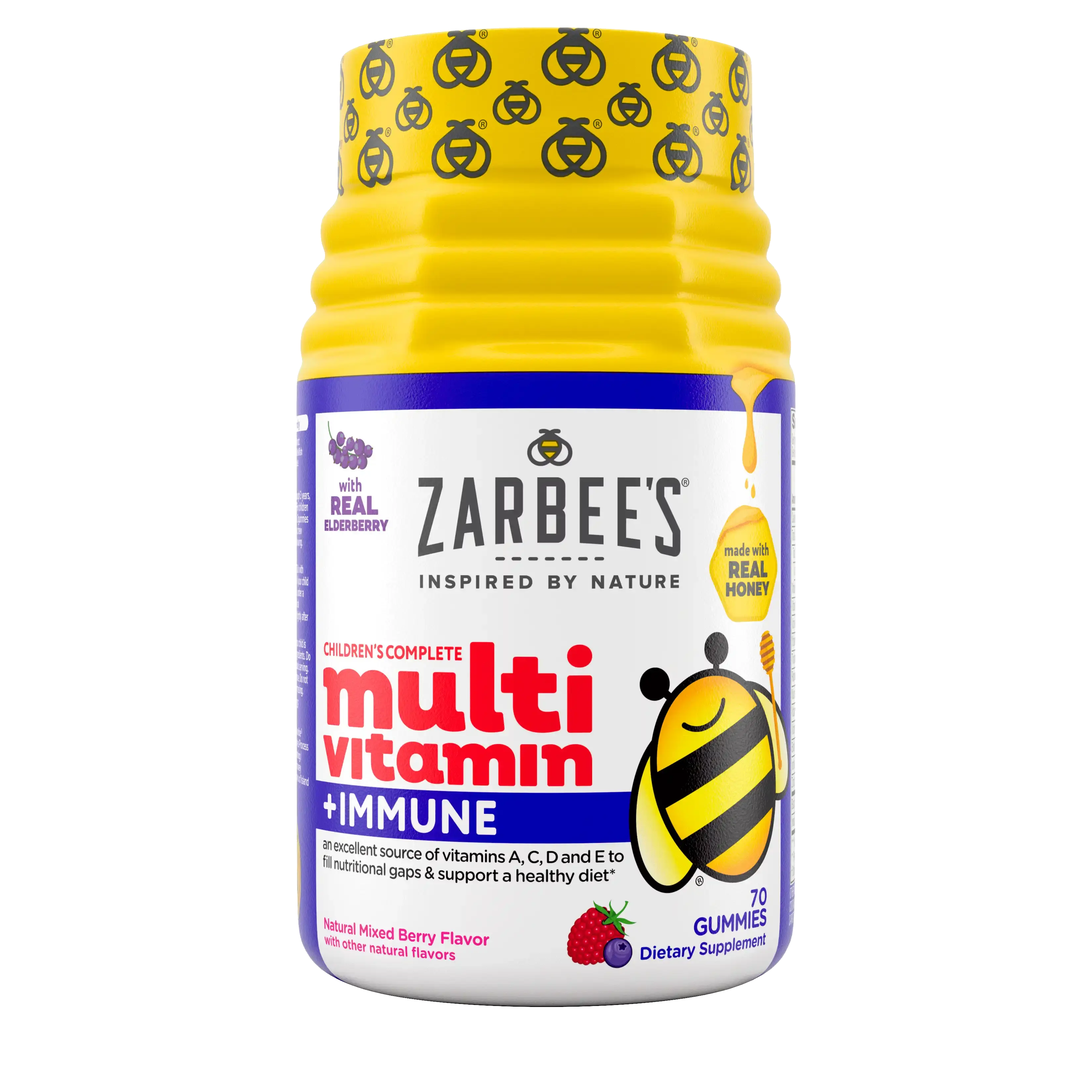 Front packaging of Zarbee’s® Children’s Complete Multivitamin + Immune in natural mixed berry flavor