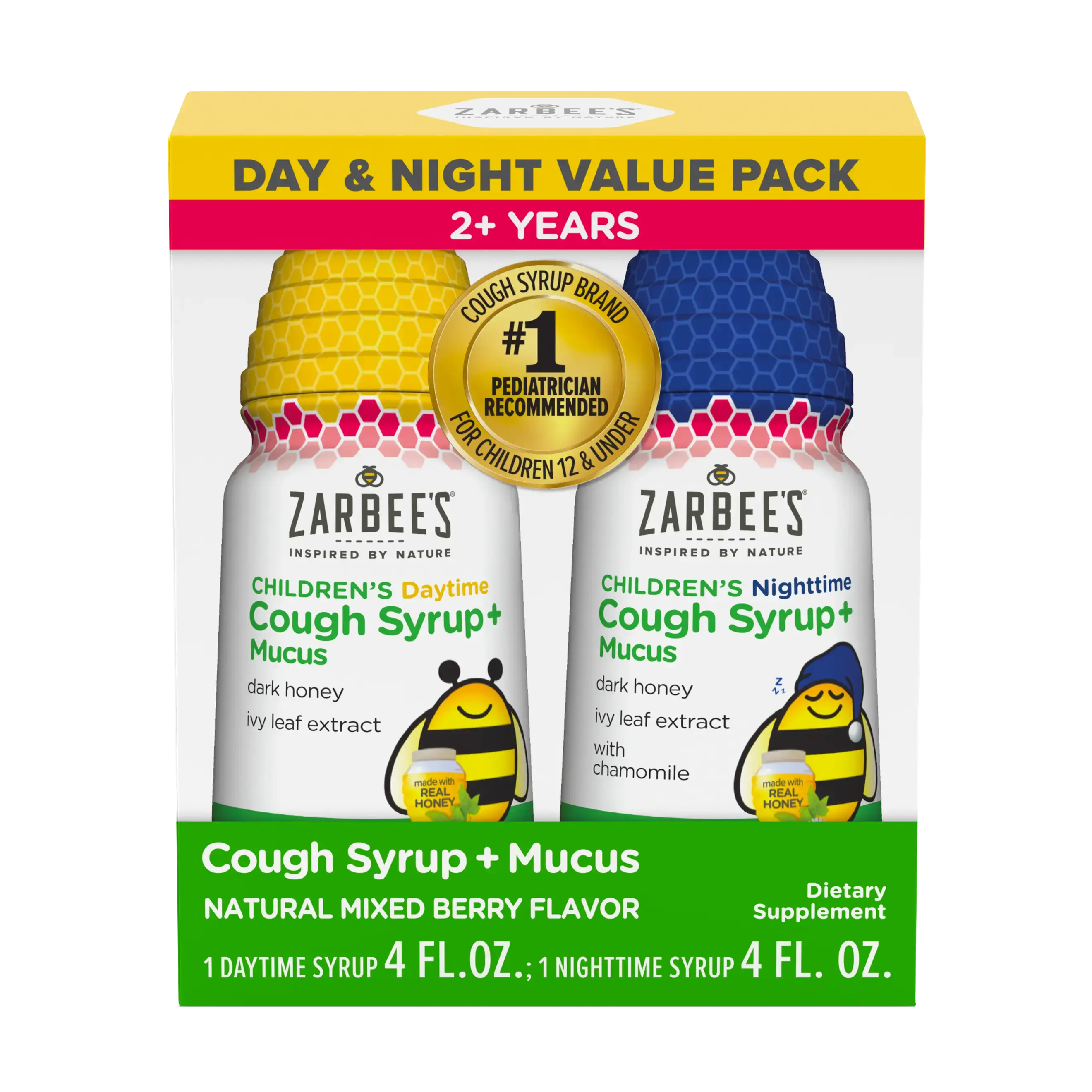Front packaging of Zarbee’s® Kid's Cough + Mucus Day/Night Value Pack