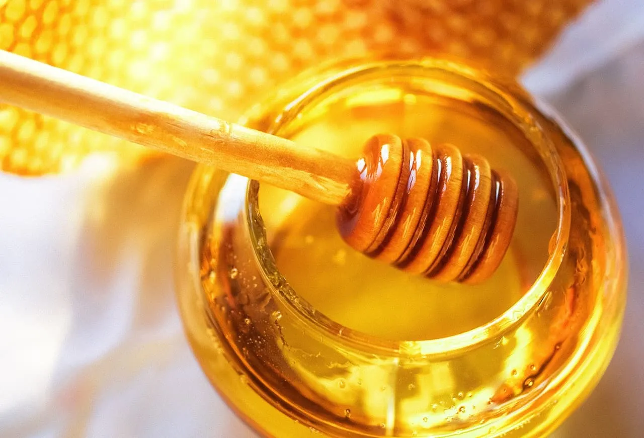 Jar of natural dark honey with a honey dipper & a honeycomb in the background