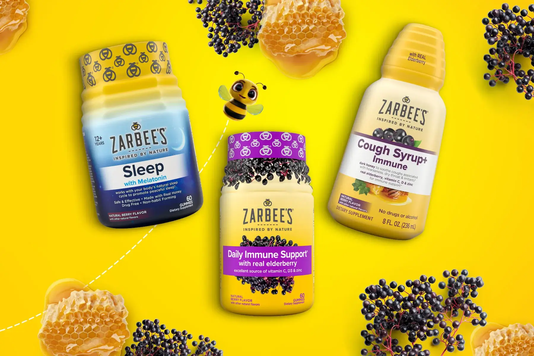 Three Zarbee's Adult products over a yellow background with ingredients featured