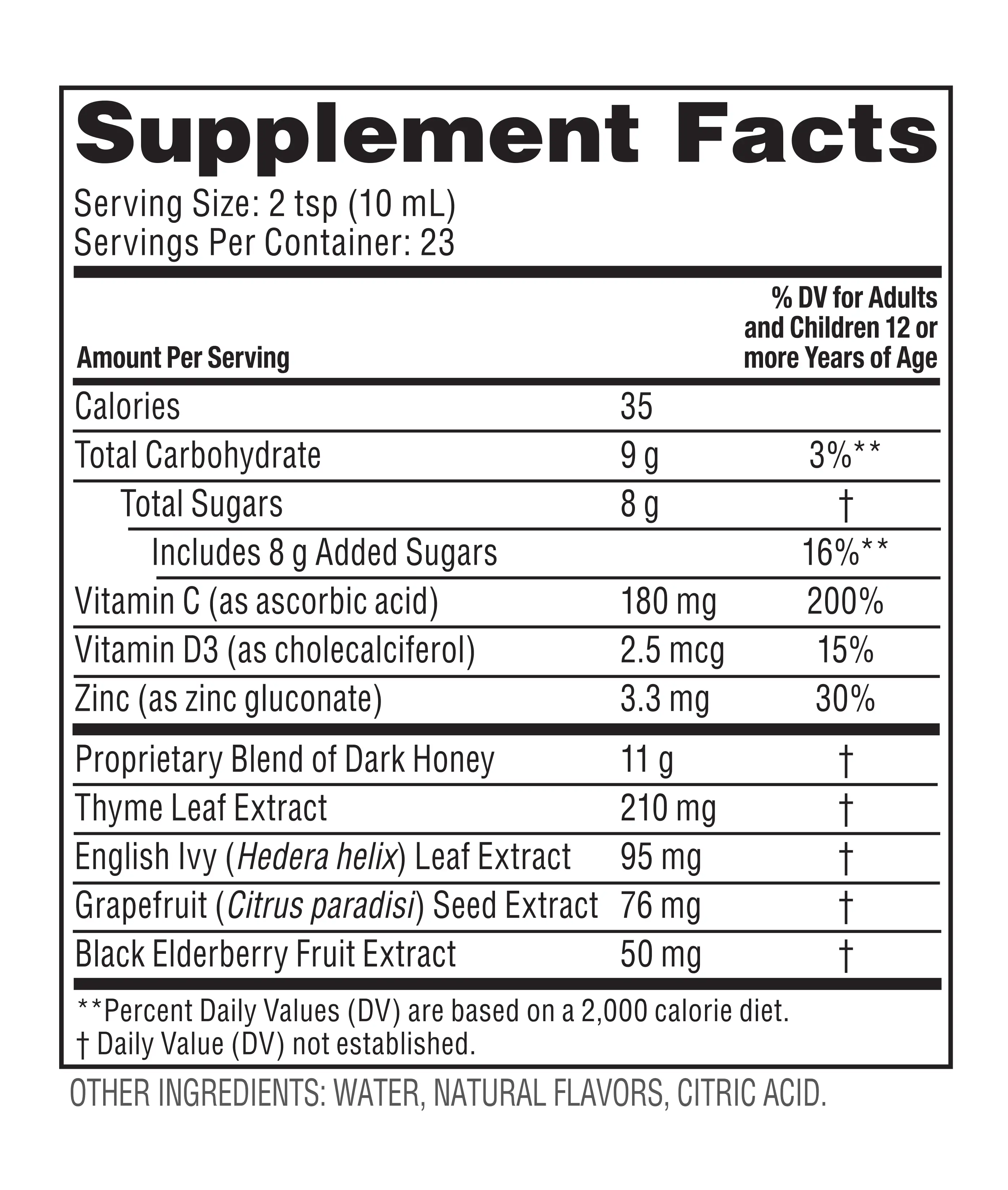 Supplement Facts - Complete Cough Syrup + Immune