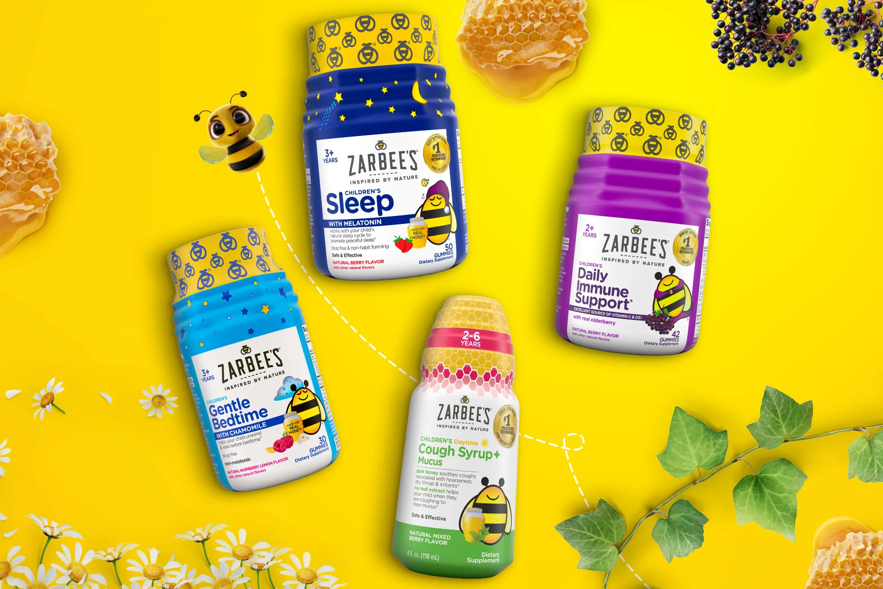 Four Zarbee's Children's products over a yellow background with ingredients featured