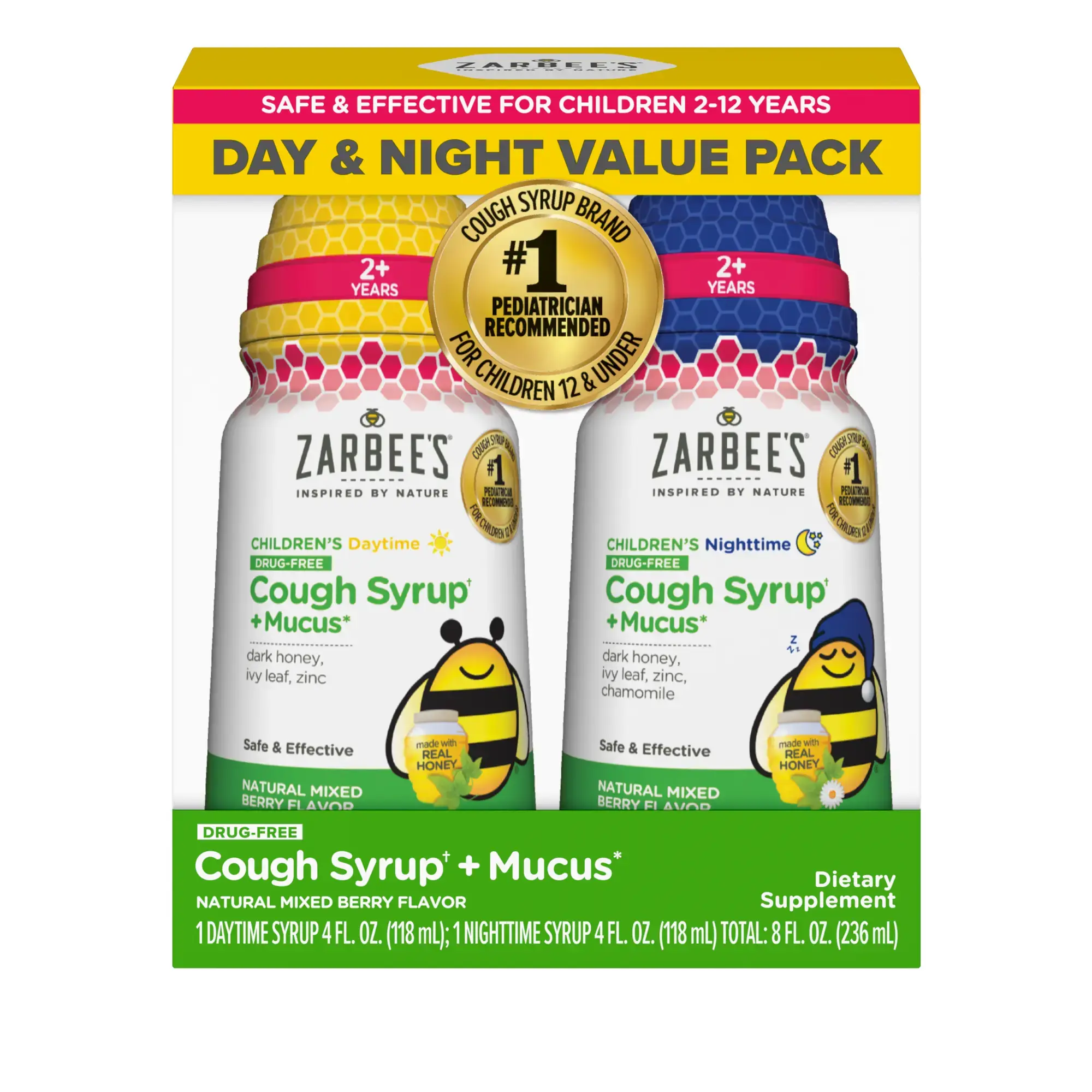 Front packaging of Zarbee’s® Kid's Cough + Mucus Day/Night Value Pack