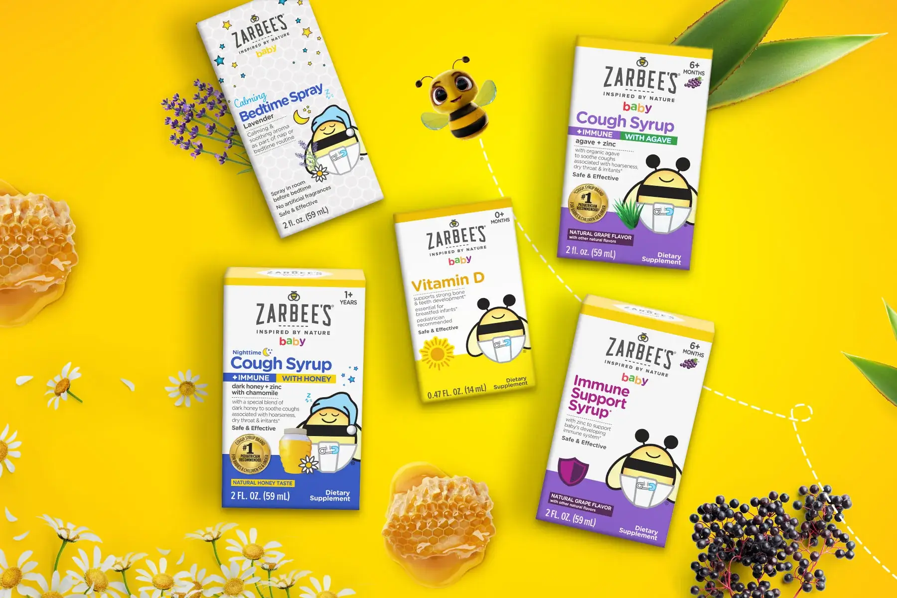 Five Zarbee's Baby products over a yellow background with ingredients featured