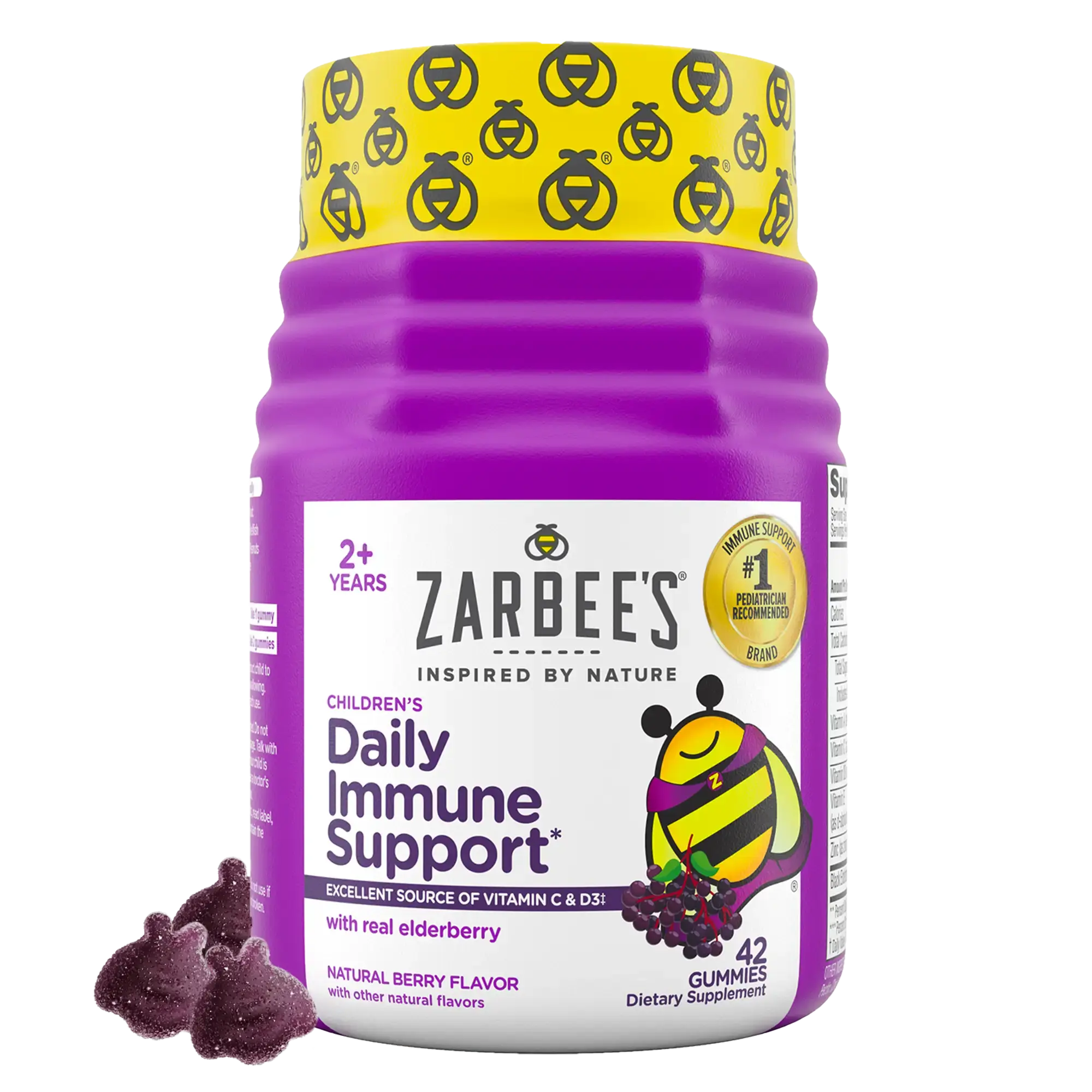 Front packaging of Zarbee’s® Children’s Elderberry Immune Support* with real Elderberry in natural berry flavor