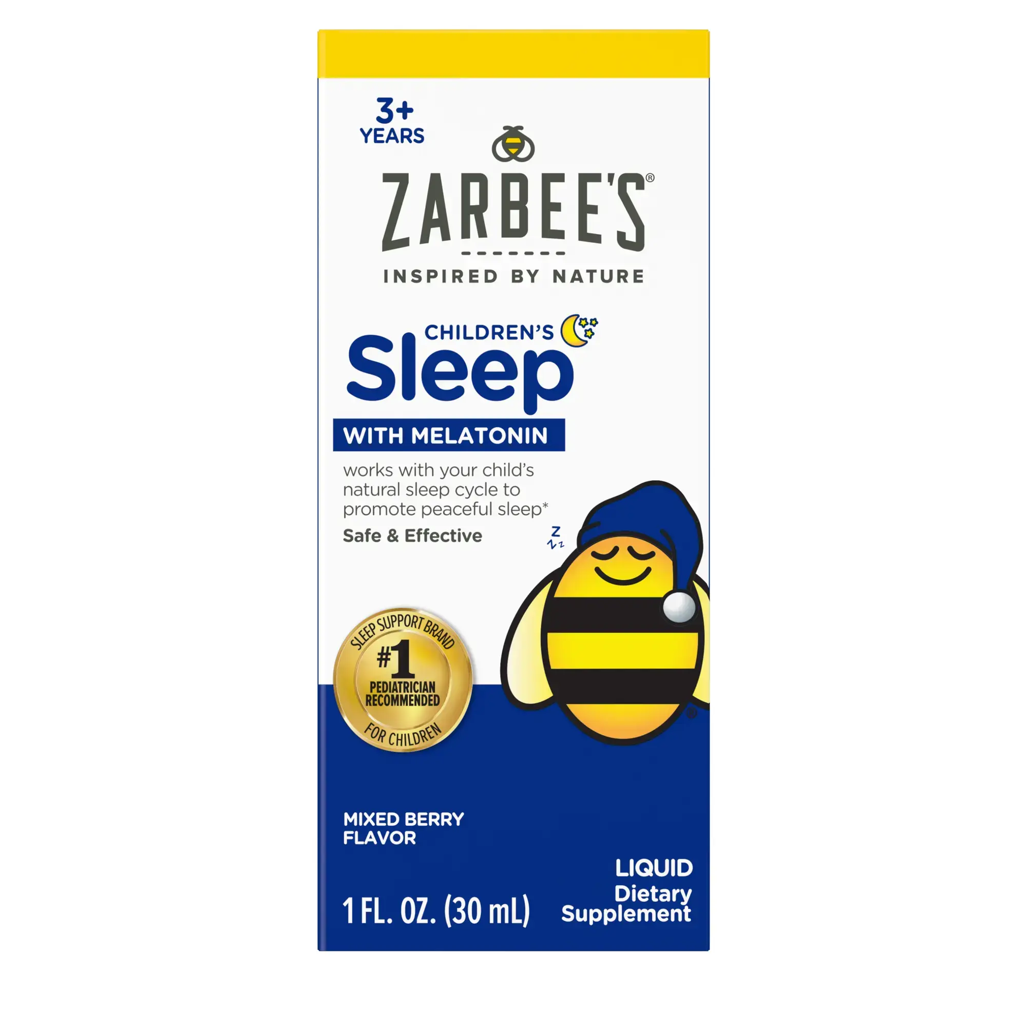 Front packaging of Zarbee’s® Children’s Sleep Liquid with Melatonin in natural mixed berry flavor