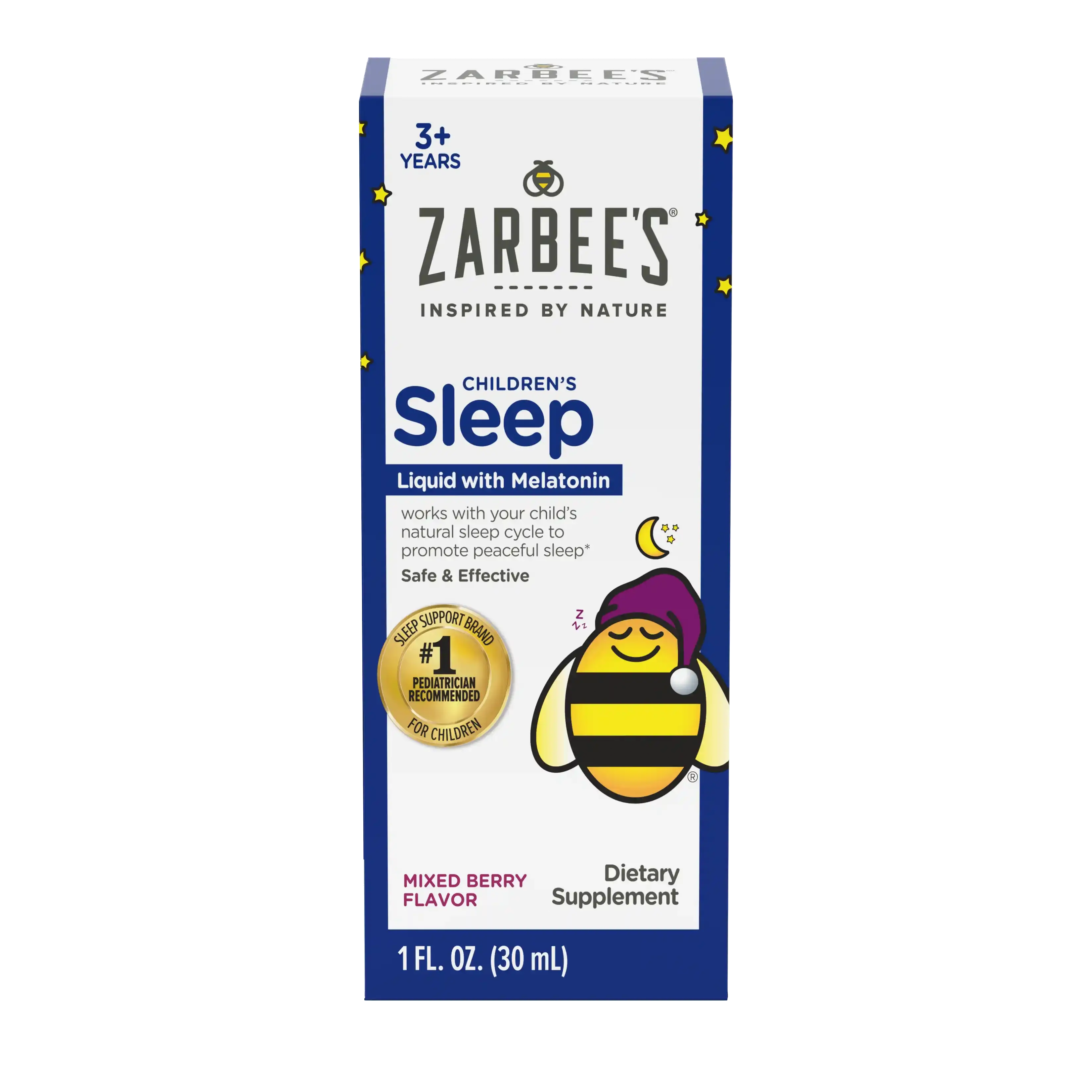 Front packaging of Zarbee’s® Children’s Sleep Liquid with Melatonin in natural mixed berry flavor