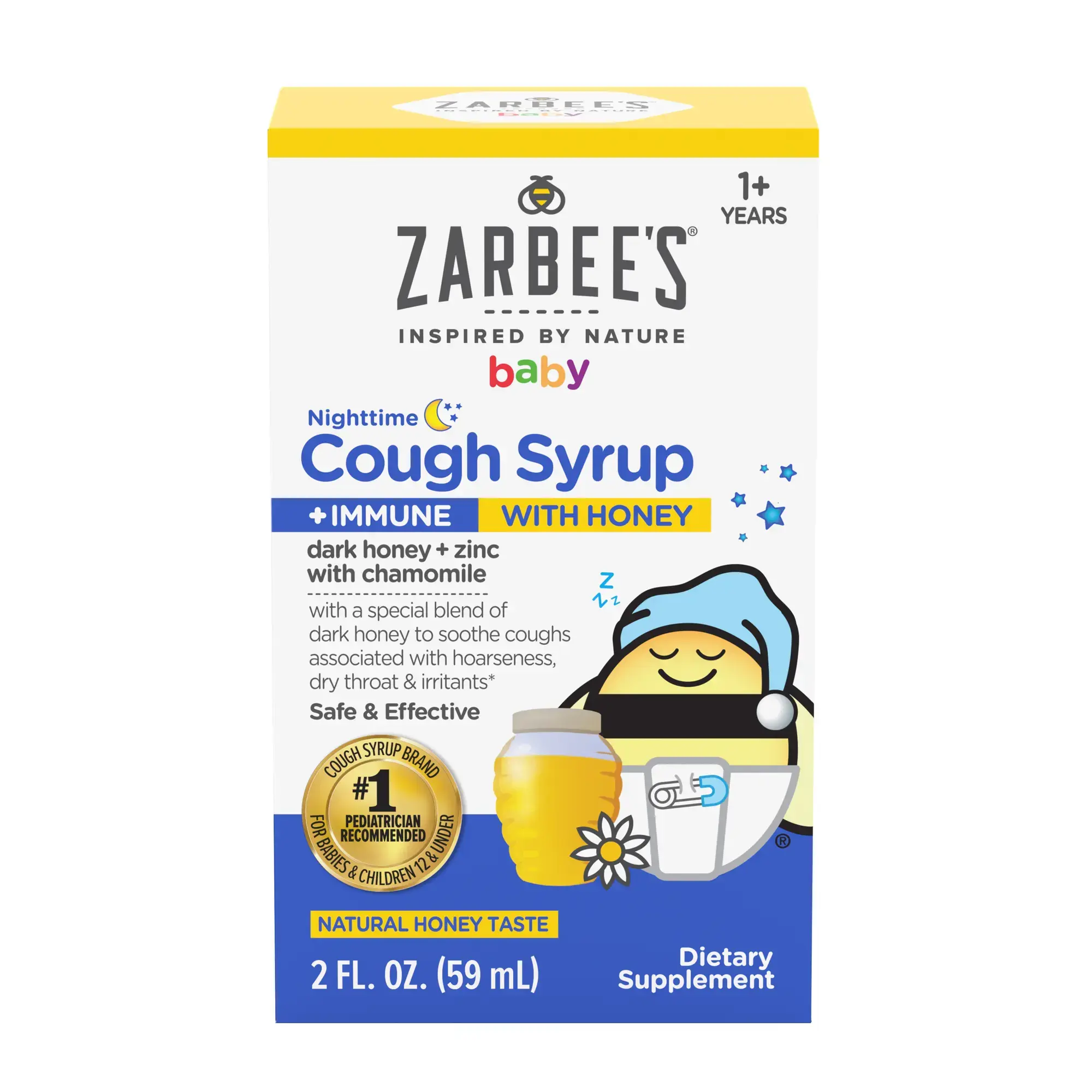 A rendering of the packaging for Zarbee's Baby Nighttime Cough Syrup + Immune with Honey