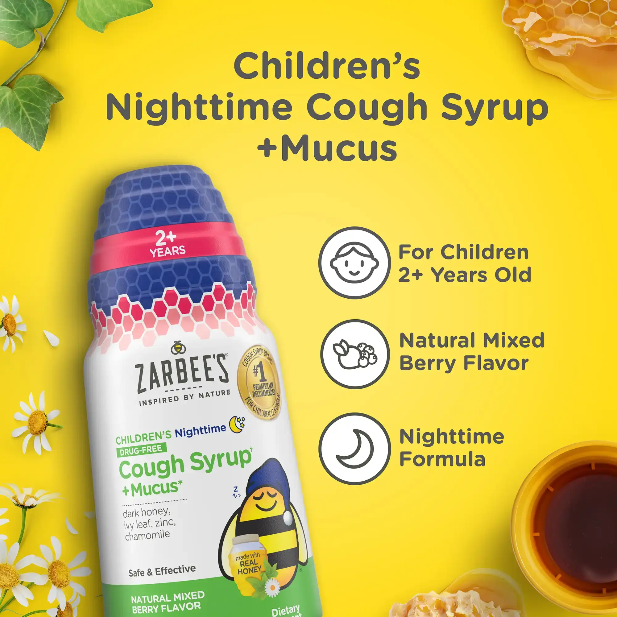 Zarbee’s® Kid's Cough + Mucus Night has a natural mixed berry flavor