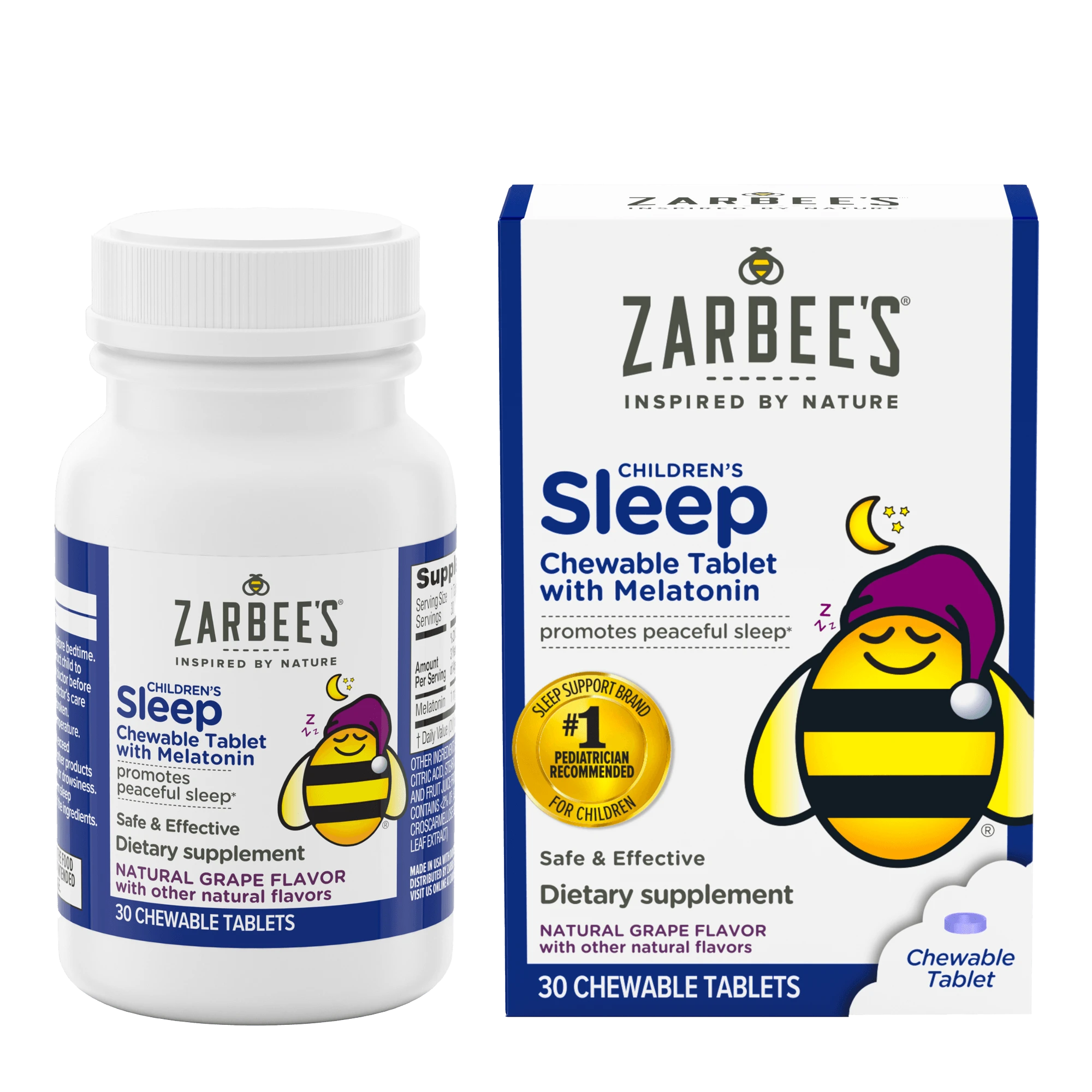 A rendering of the packaging for Zarbee’s® Children's Sleep Chewable Tablet with Melatonin in natural grape flavor