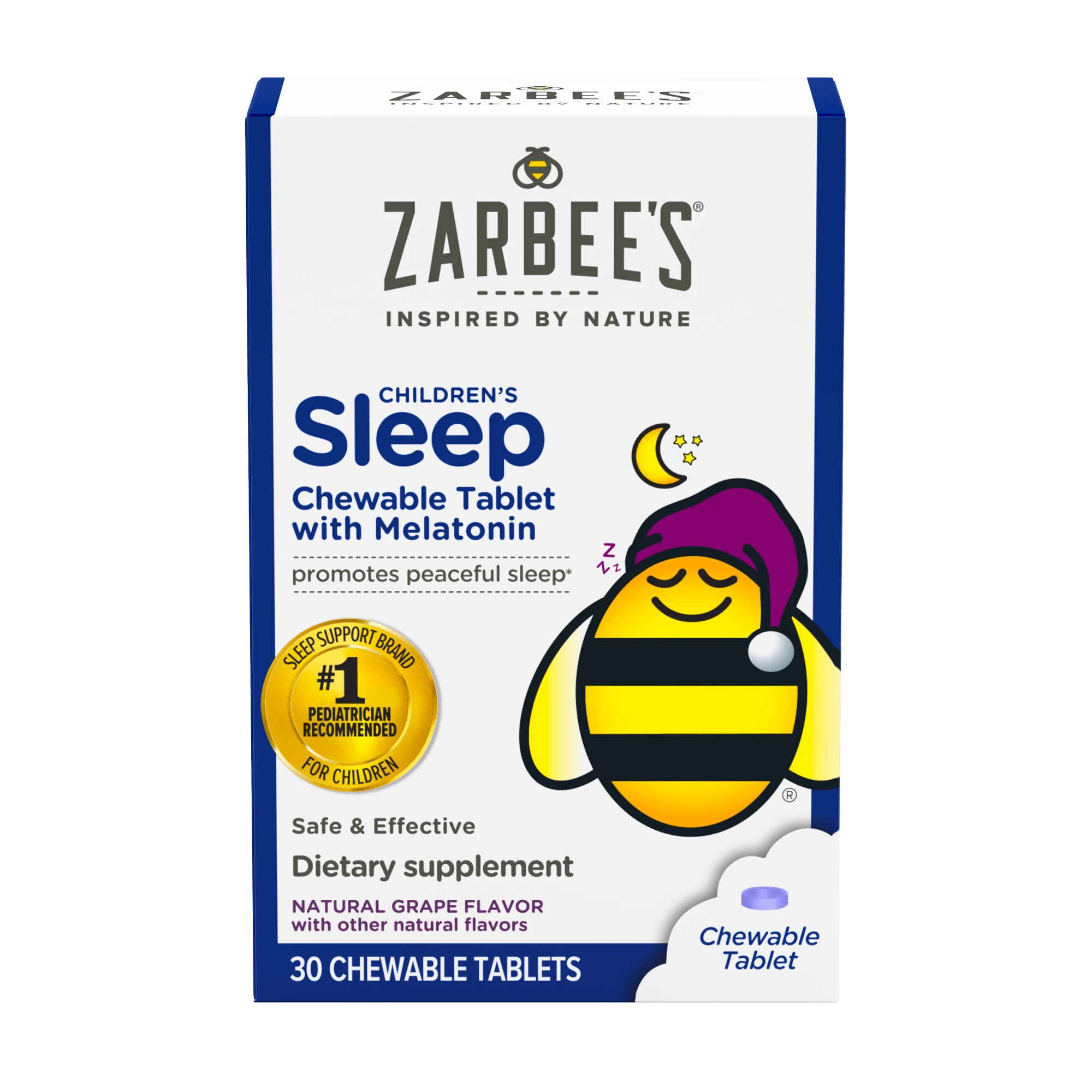 A rendering of the packaging for Zarbee’s® Children's Sleep Chewable Tablet with Melatonin in natural grape flavor