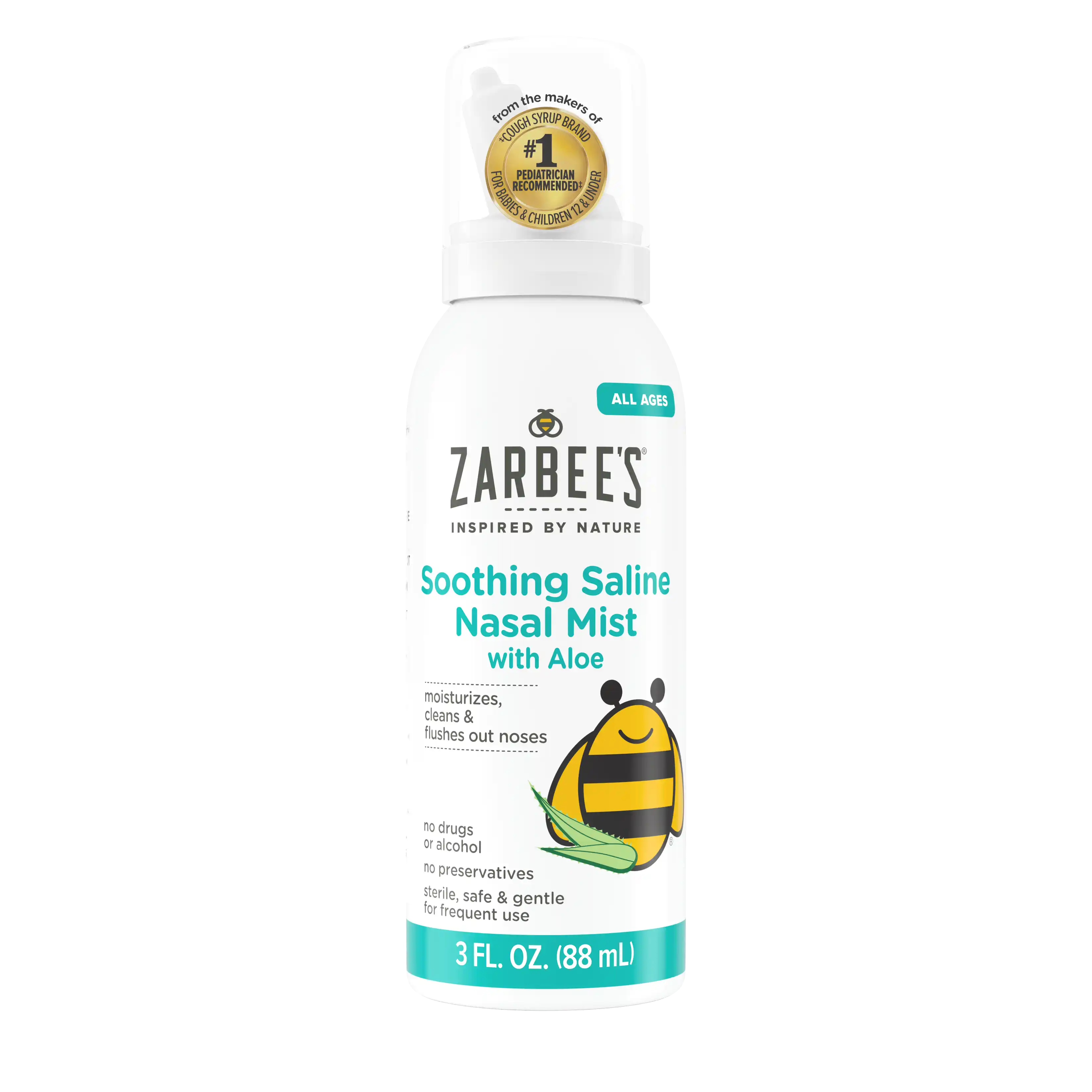 A rendering of a Zarbee’s® Soothing Saline Nasal Mist with Aloe bottle