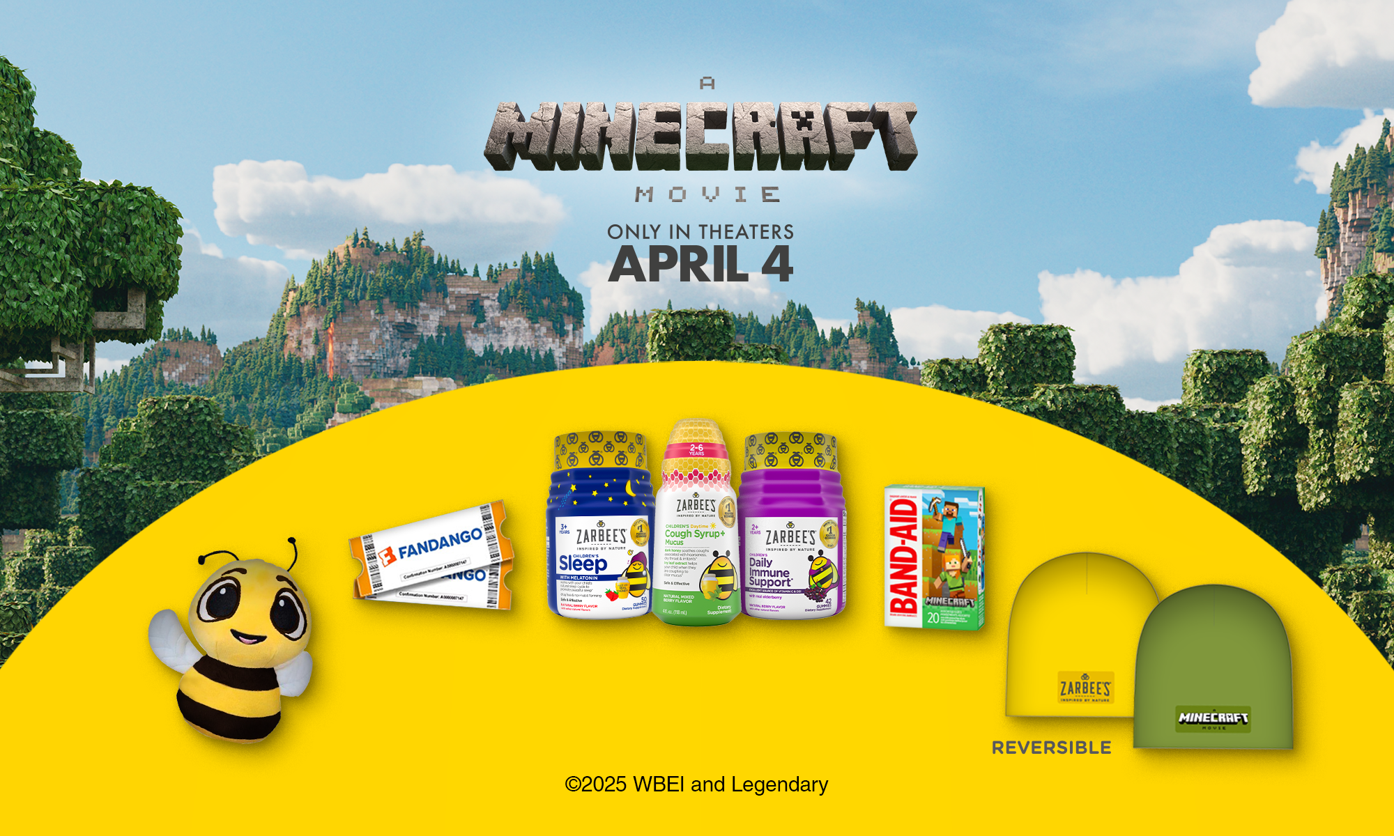 Graphic showing A MMINECRAFT MOVIE in theaters April 4 and the 7-item prize package for A MINECRAFT MOVIE x Zarbee’s® & BAND-AID® Brand Sweepstakes. Enter now for a chance to win! 