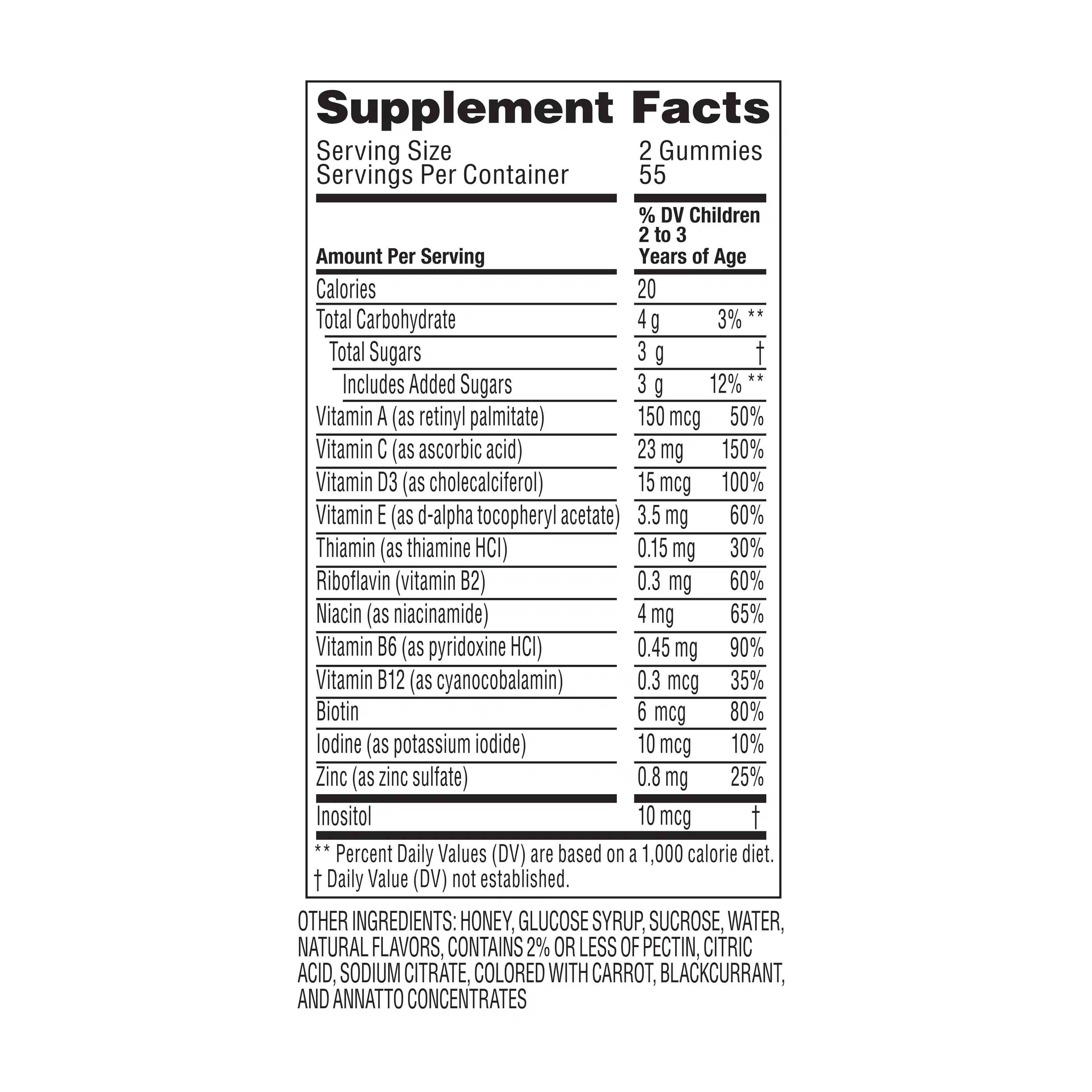 Zarbee’s® Children’s Complete Multivitamin + Immune Nutrition Label